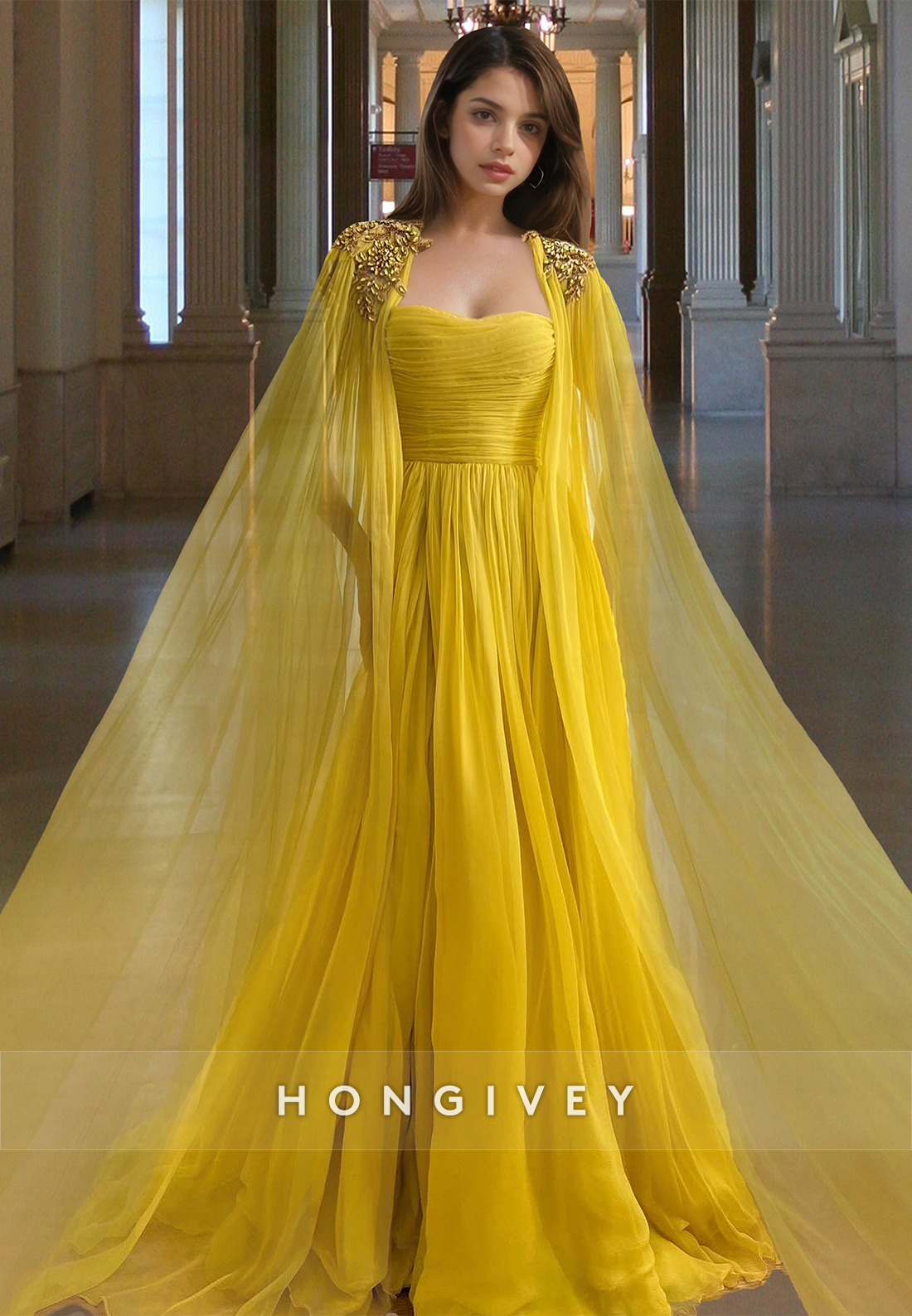 Yellow With Cape Strapless Tulle Party Prom Dress Ball Gown