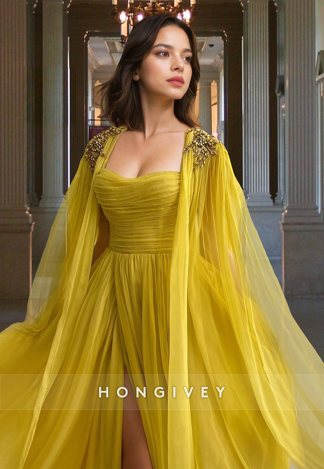 Yellow With Cape Strapless Tulle Party Prom Dress Ball Gown