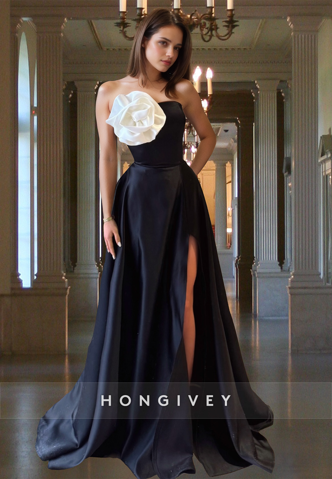 Black Strapless Flower Aline Evening Dress Formal Party Prom Gown