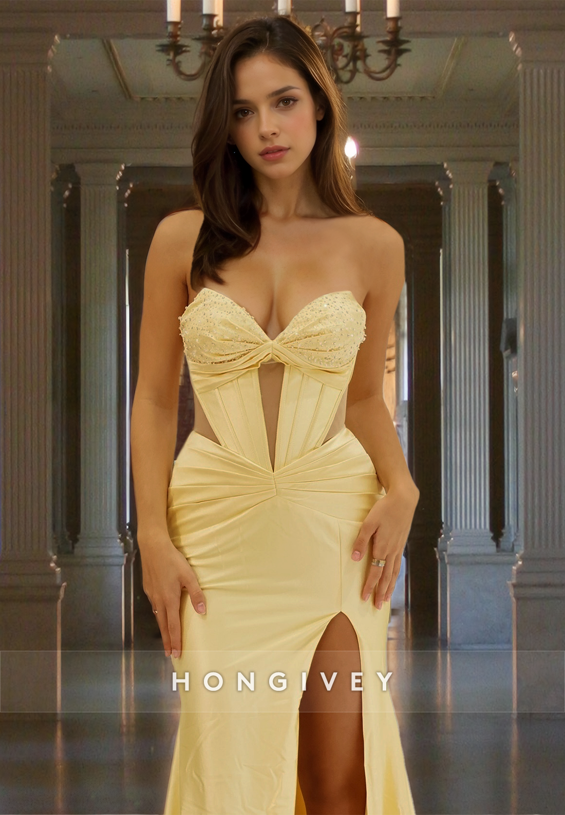 Sexy Sweetheart Corset Yellow Slit Satin Evening Dress Party Gown