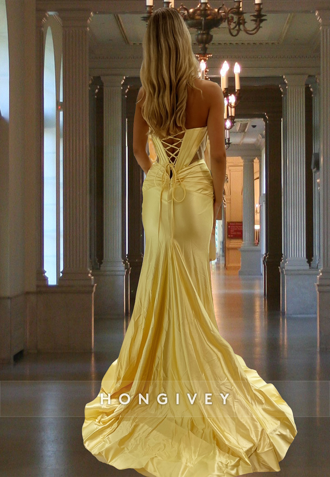 Sexy Sweetheart Corset Yellow Slit Satin Evening Dress Party Gown