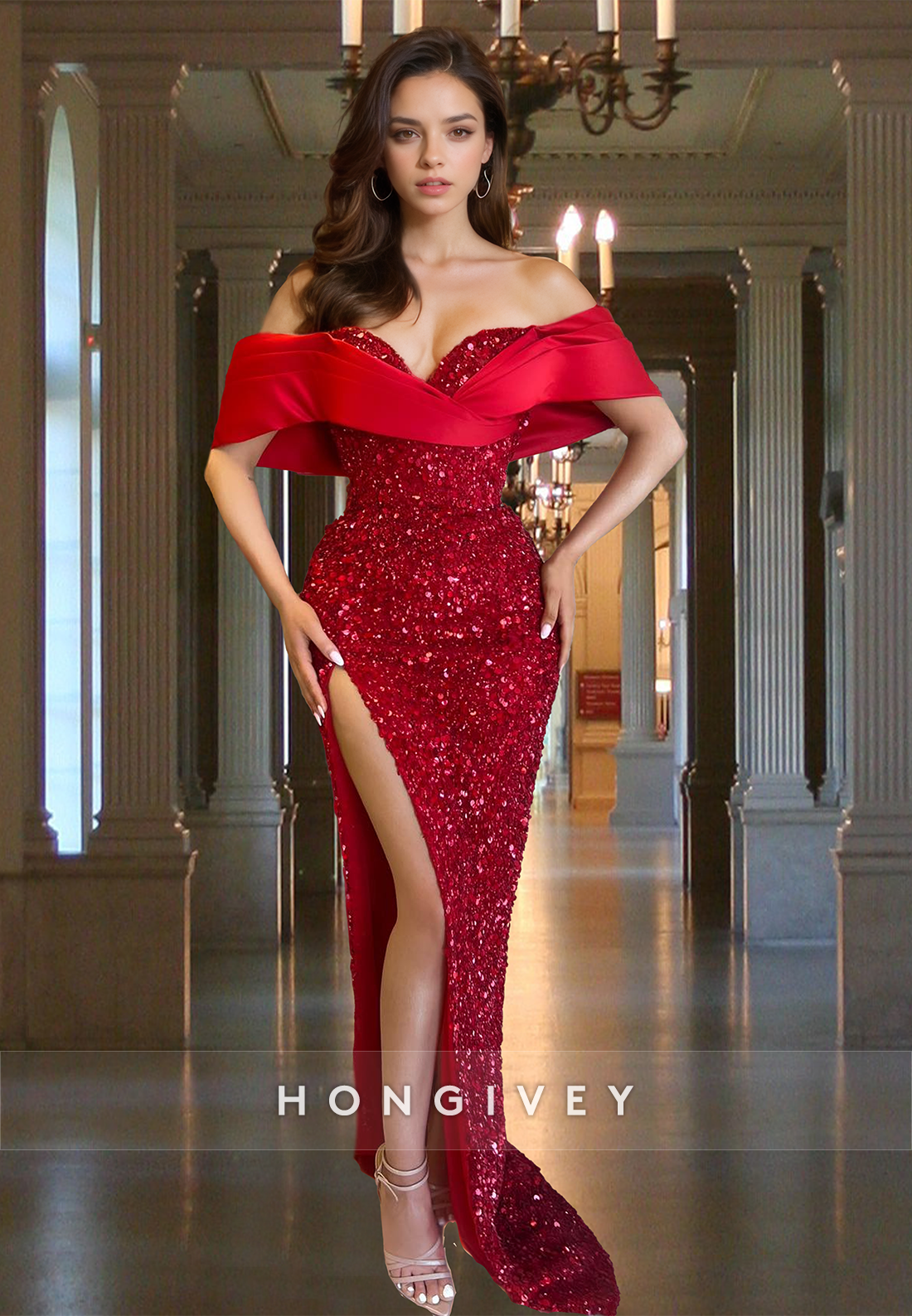 Sequined Offshoulder Red Slit Empire Evening Dress Party Gown