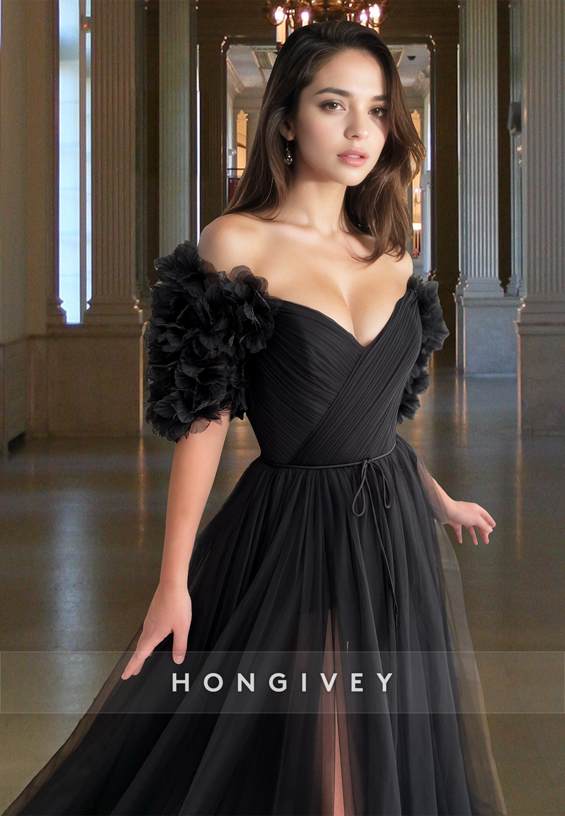 Black Aline Formal Party Gown Elegant Vneck Offshoulder Tulle Prom Dress