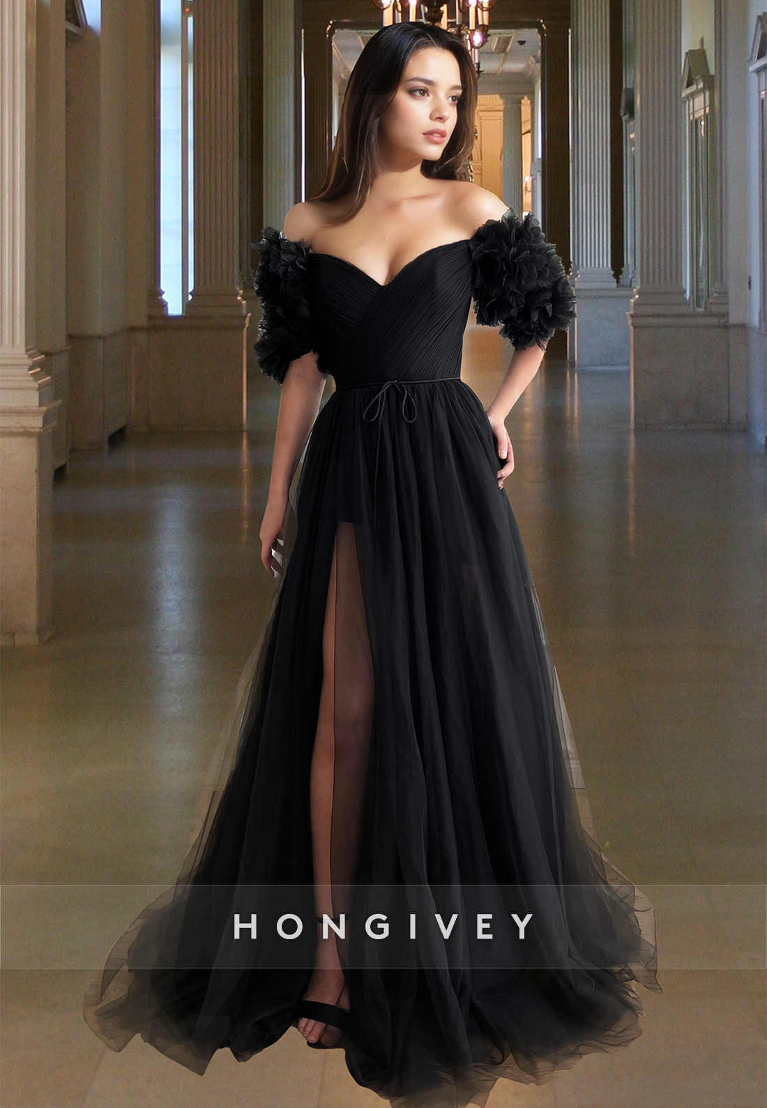 Black Aline Formal Party Gown Elegant Vneck Offshoulder Tulle Prom Dress