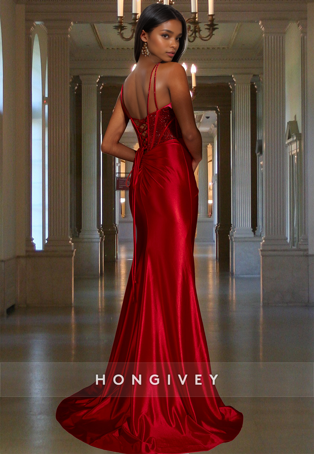 Sexy Sweetheart Straps Slit Red Sequined Satin Formal Party Evening Dress