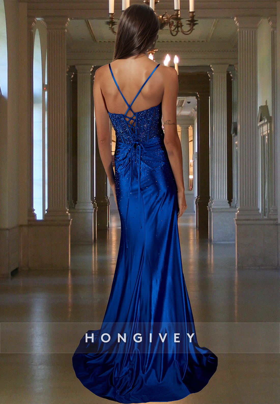 Applique Spaghetti Straps Navy Blue Satin Formal Party Evening Dress