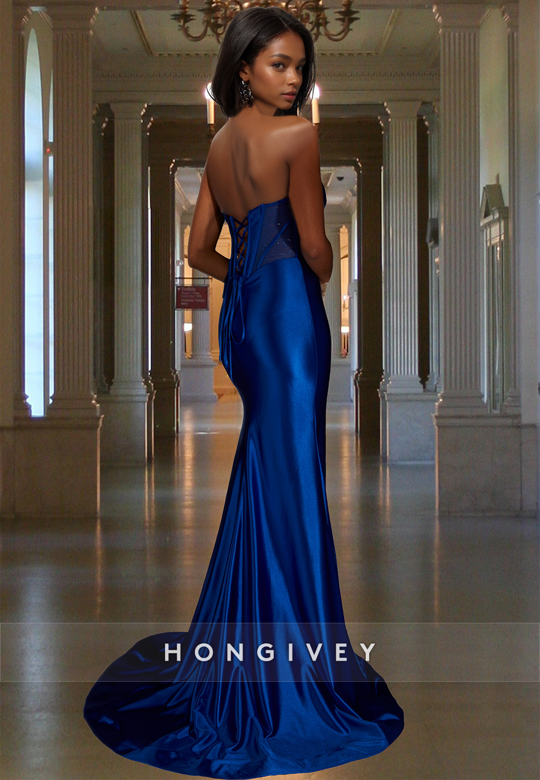 Sexy Ruched With Slit Strapless Blue Trumpet Satin Formal Party Evening Dress