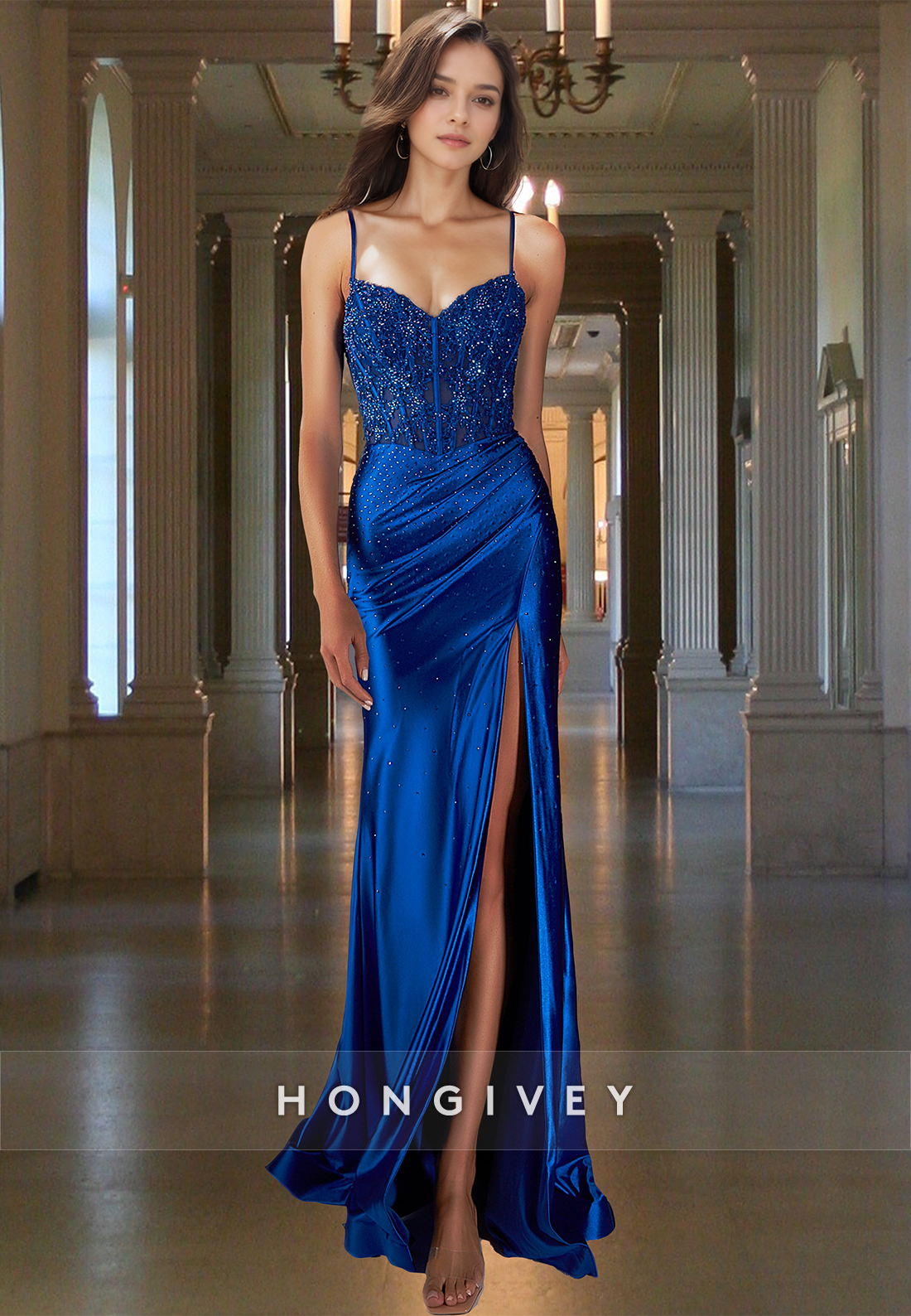 Applique Spaghetti Straps Navy Blue Satin Formal Party Evening Dress