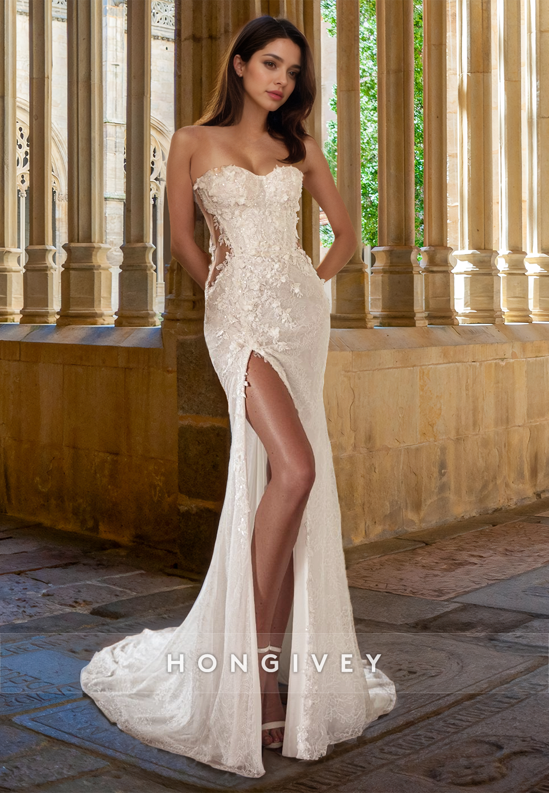 Sexy Strapless Fitted Empire With Slit Lace Applique Wedding Dress Bride Gown