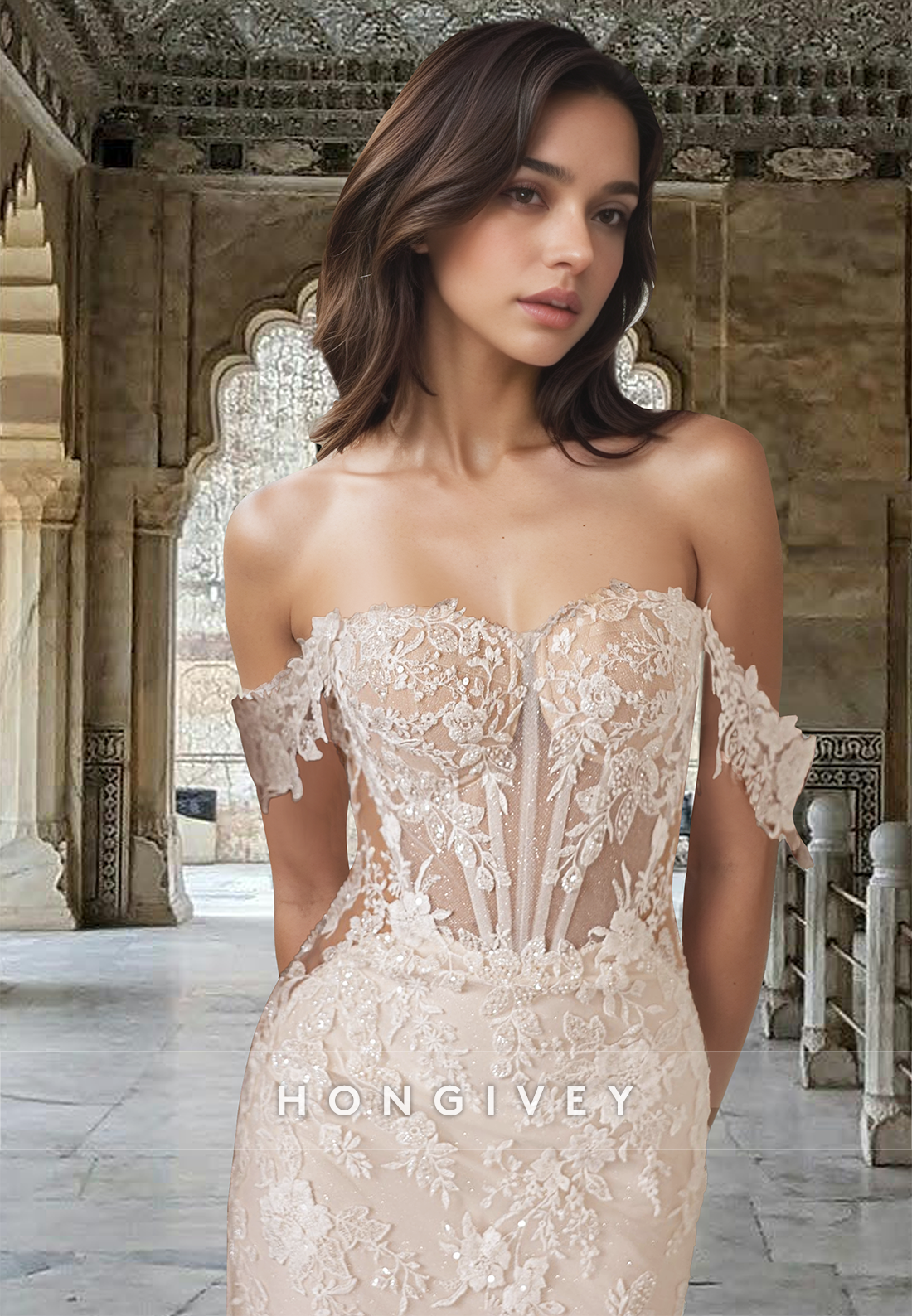 Sexy Offshoulder Applique Aline With Train Wedding Dress New