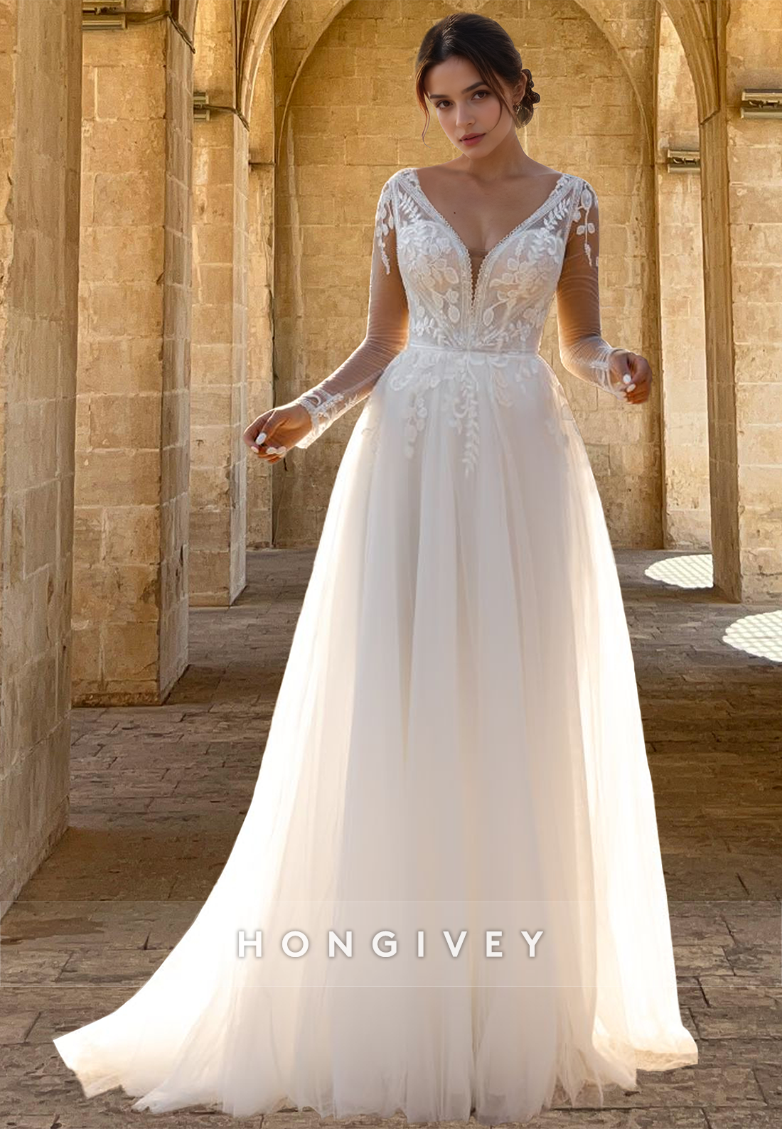 Applique Long Sleeves Tulle Open Back Aline Wedding Dress Bridal Gown