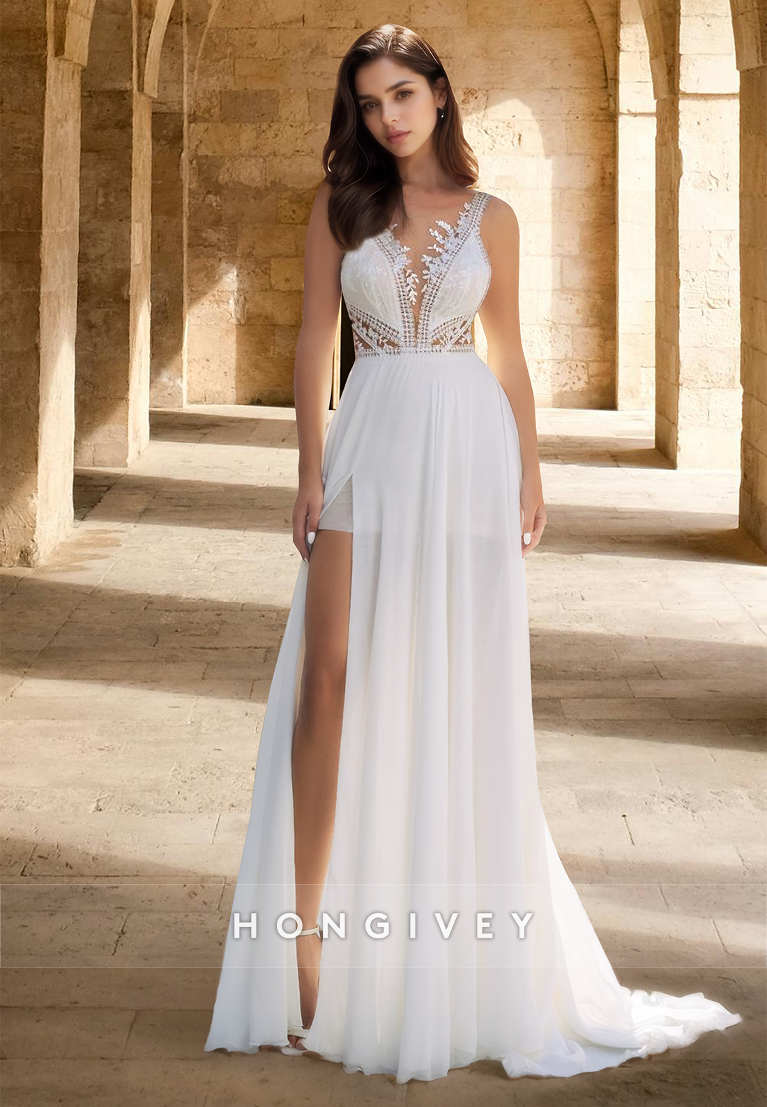 Sexy Straps Vneck With Slit Tulle Engagement Beach Wedding Dress