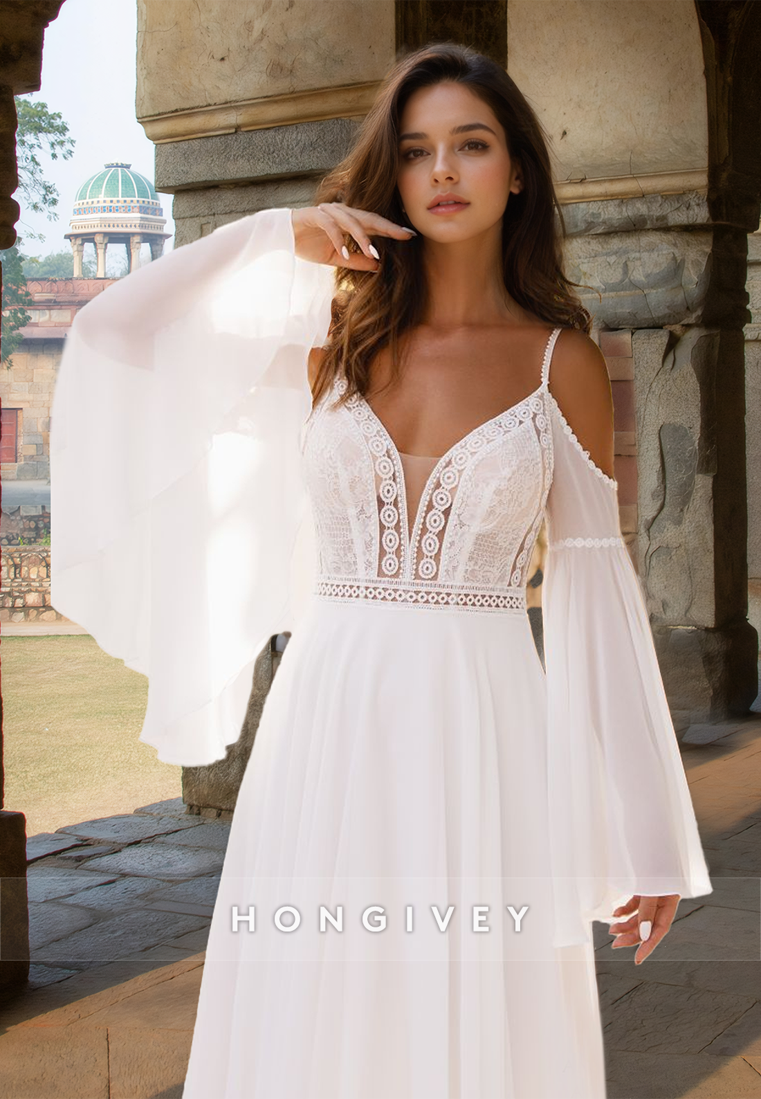 Spaghetti Straps Offshoulder Sleeves Tulle Aline Engagement Wedding Dress