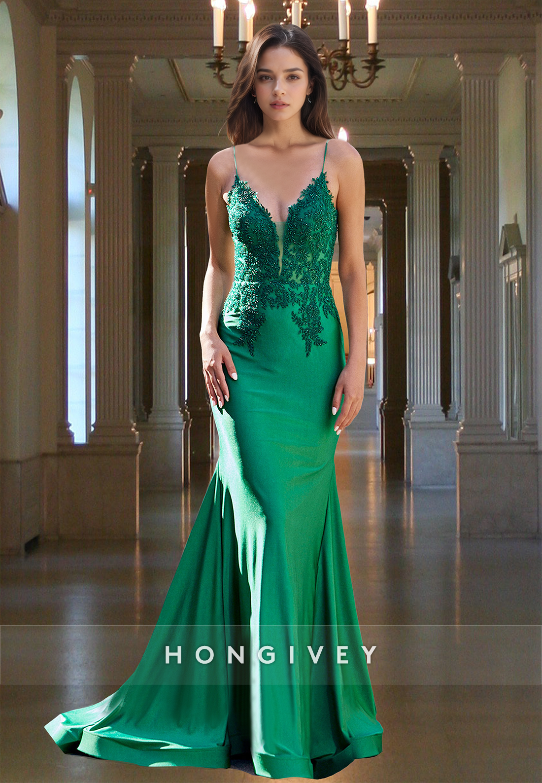 Sexy Green Vneck Straps Mermaid Applique With Train Evening Dress