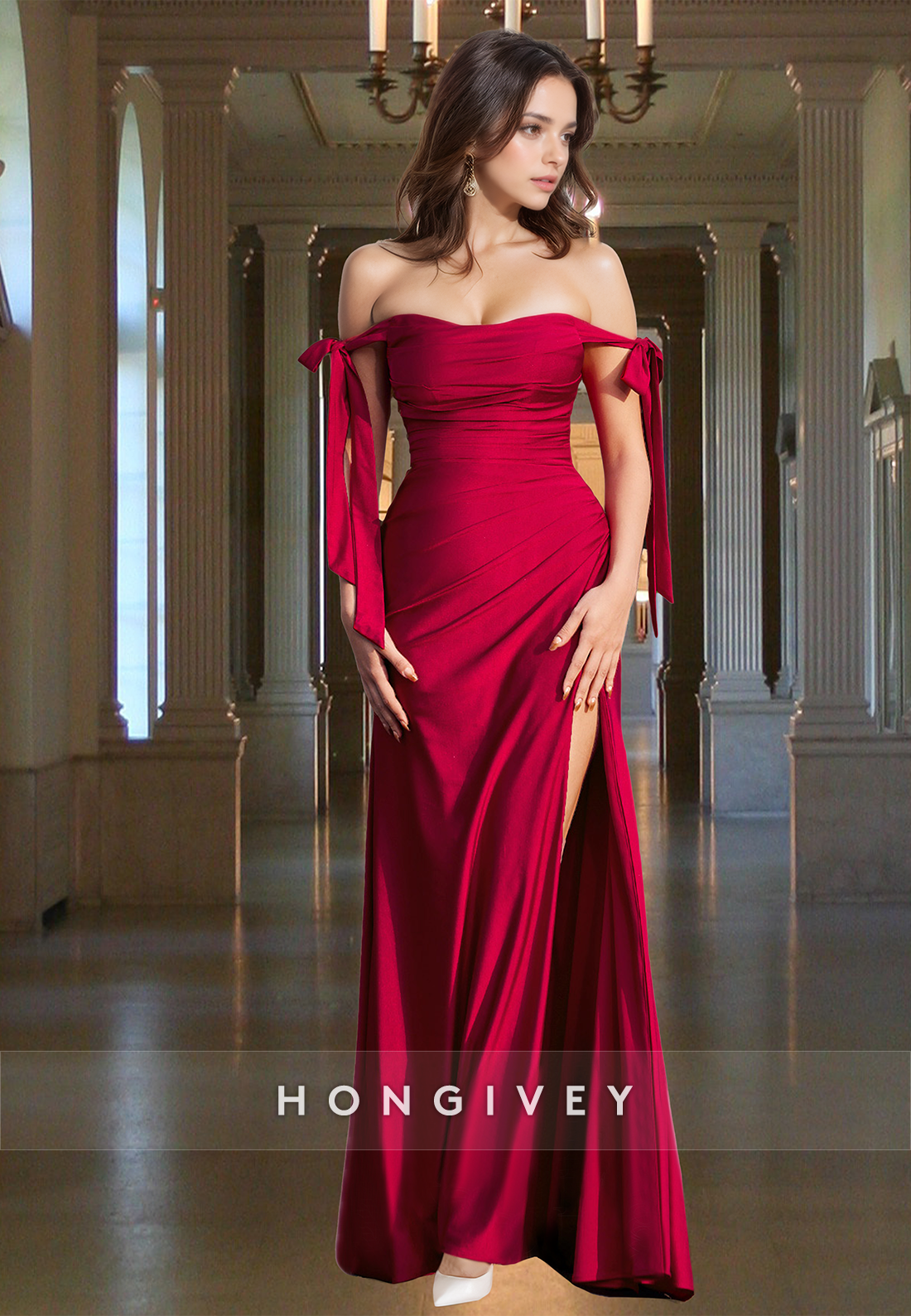 Sexy Red Straps Sheath With Slit Evening Dress Classic Satin Formal Gown