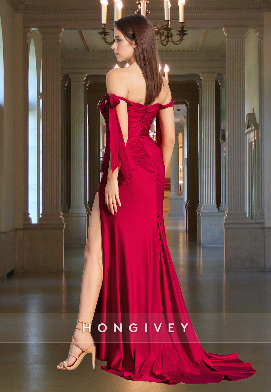 Sexy Red Straps Sheath With Slit Evening Dress Classic Satin Formal Gown