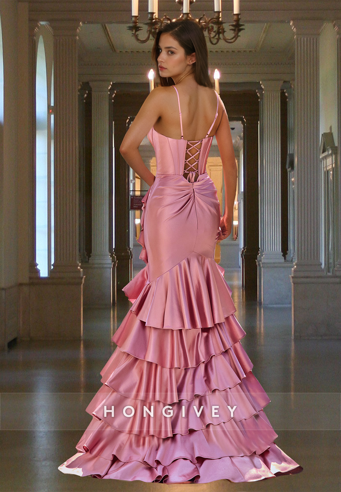 Sexy Vneck Pink Tiered Ruffles Formal Evening Dress Prom Gown