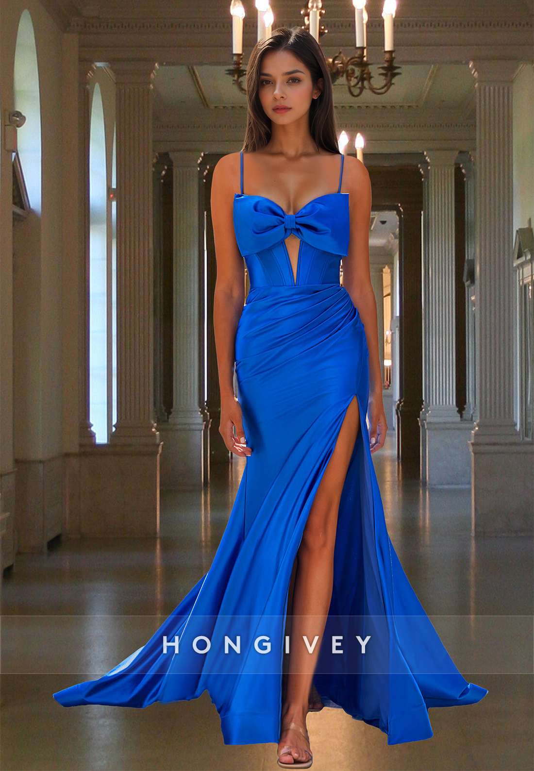 Sexy Blue Bow Straps Corset With Train Trumpet Formal Evening Dress Party Gown