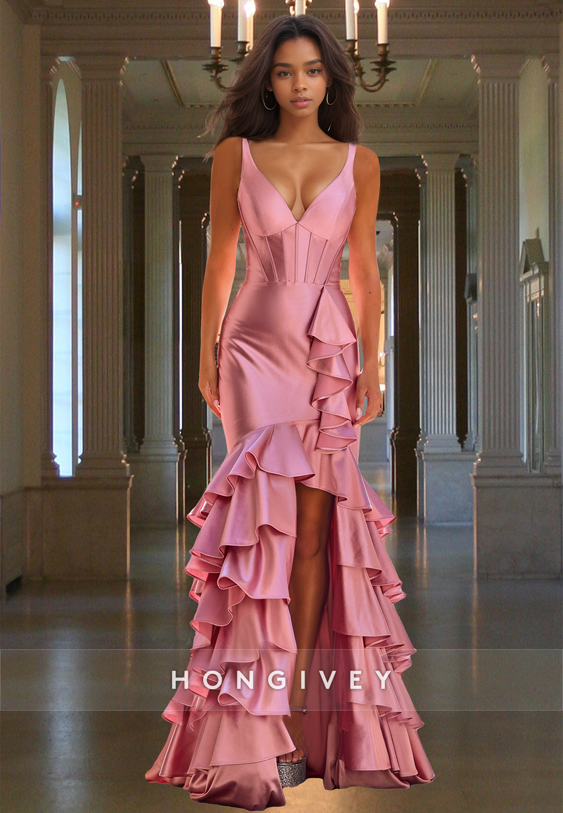 Sexy Vneck Pink Tiered Ruffles Formal Evening Dress Prom Gown