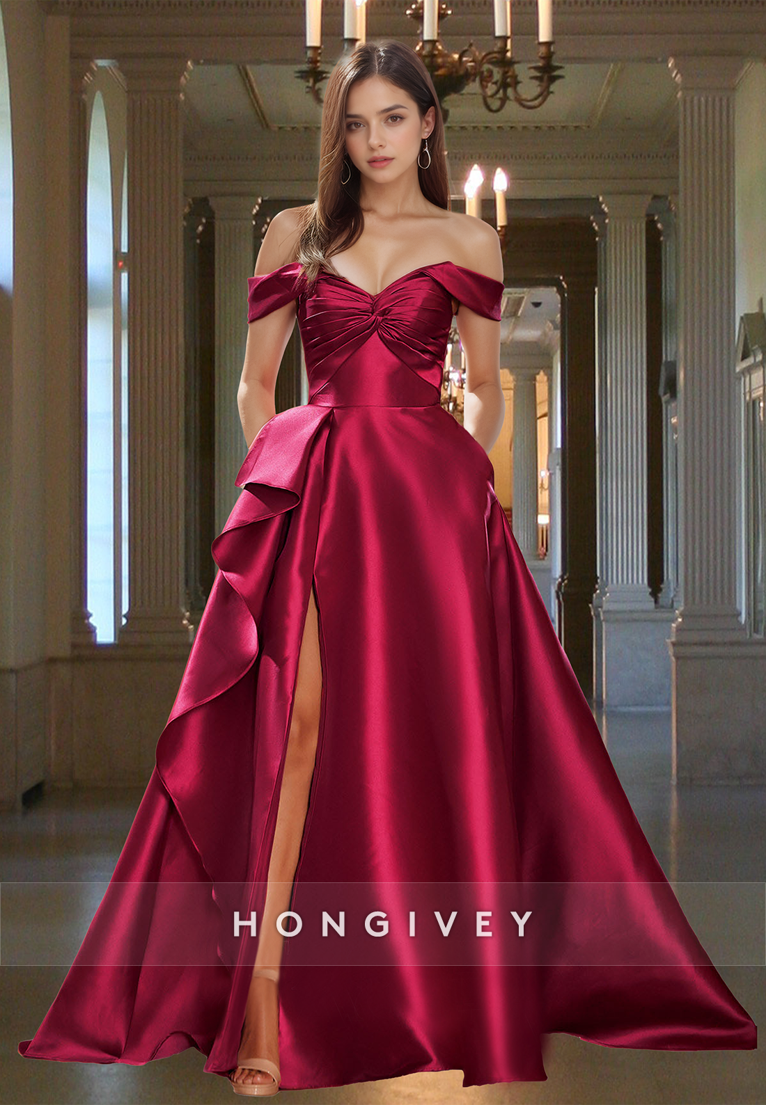 Ruffles Red Offshoulder Satin Aline With Slit Formal Evening Dress Prom Gown