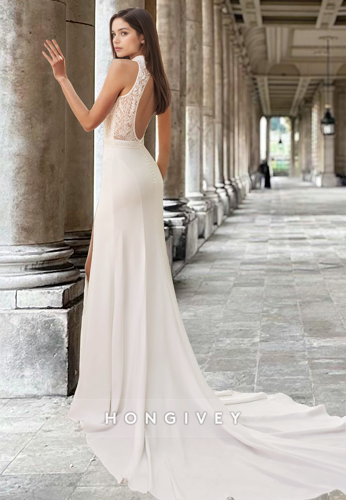 Sexy Sleeveless High Neck Sheath Satin Engagement Wedding Dress