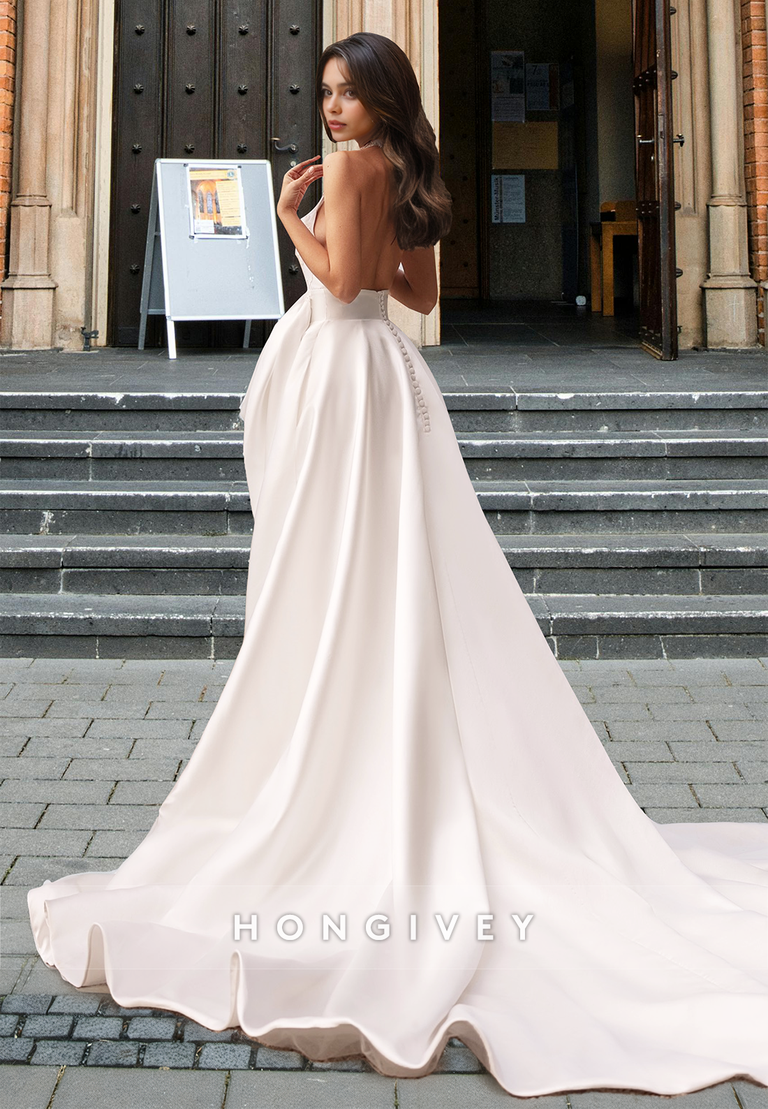 Sexy Vneck Aline Satin Bow With Train Wedding Dress Bride Gown