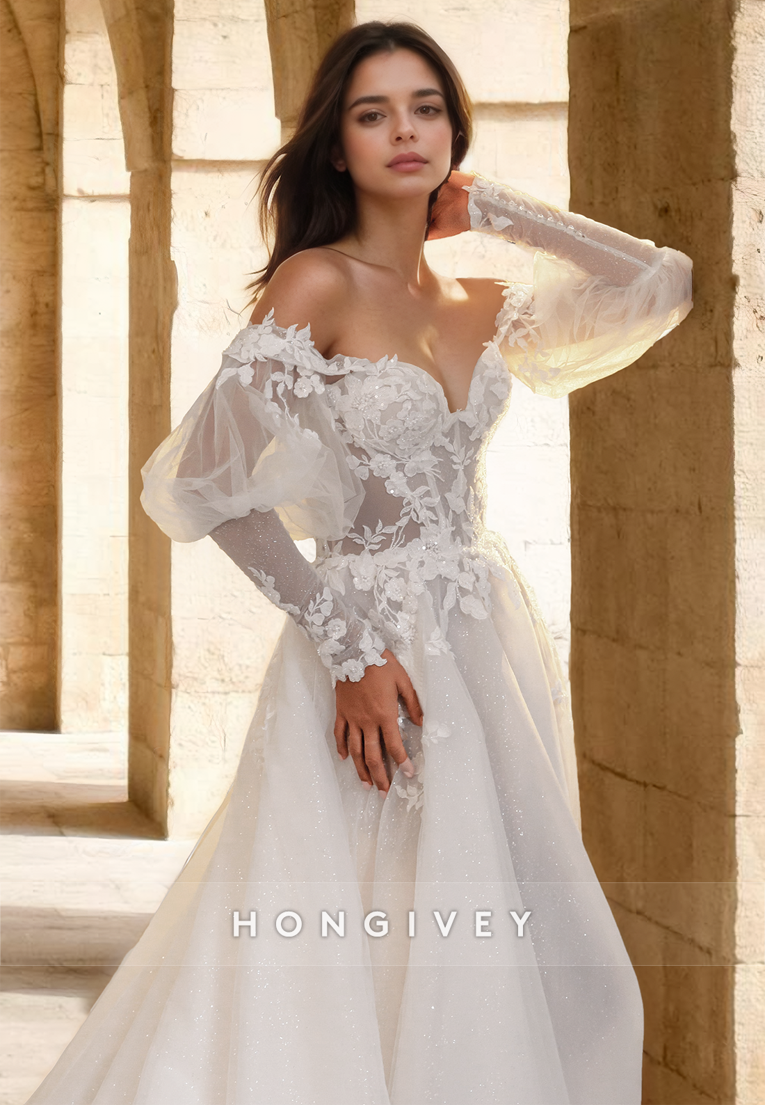 Chic Puff Sleeves Applique Aline Tulle Offshoulder Wedding Dress