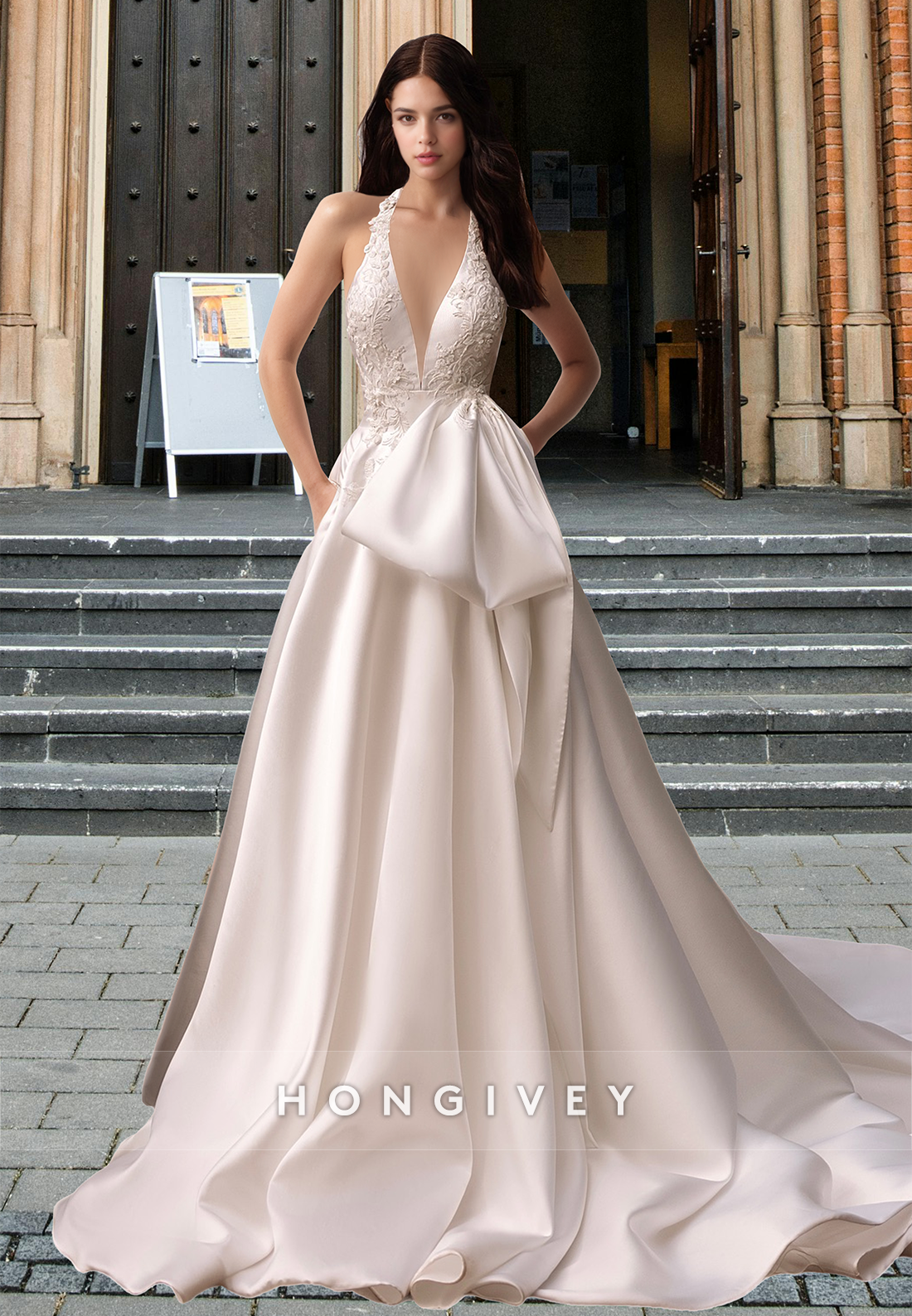 Sexy Vneck Aline Satin Bow With Train Wedding Dress Bride Gown