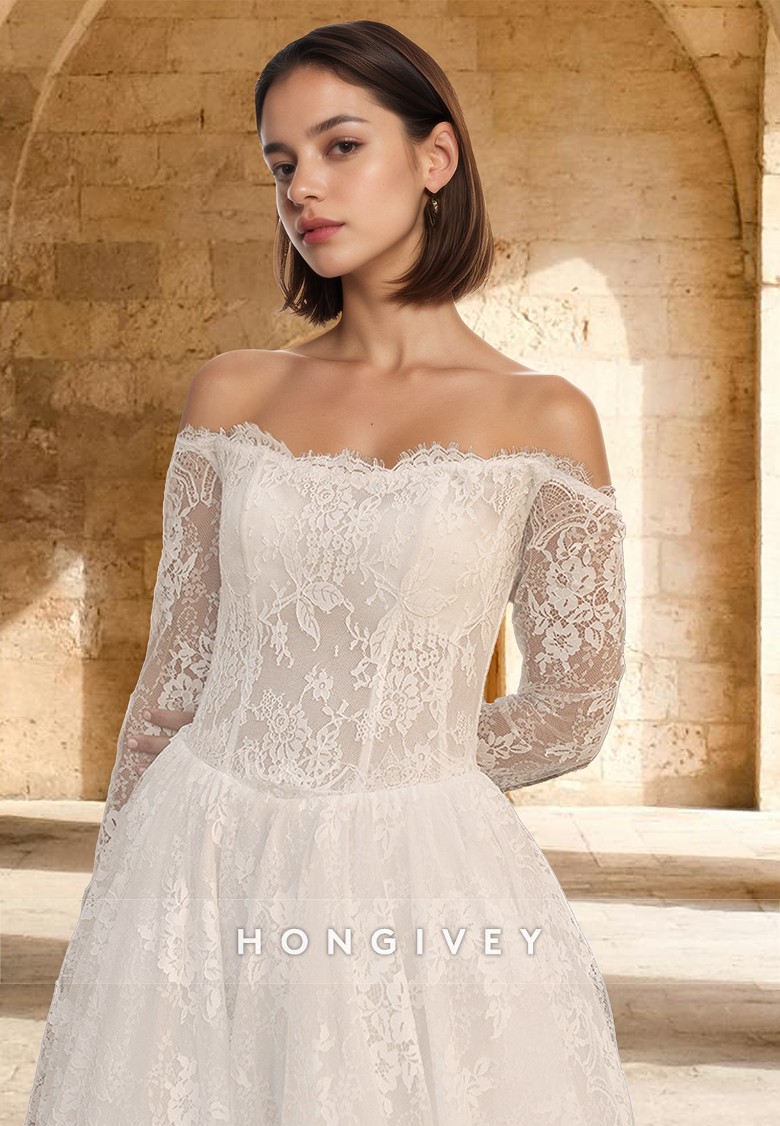 Full Lace Applique Long Sleeves Aline With Train Wedding Dress