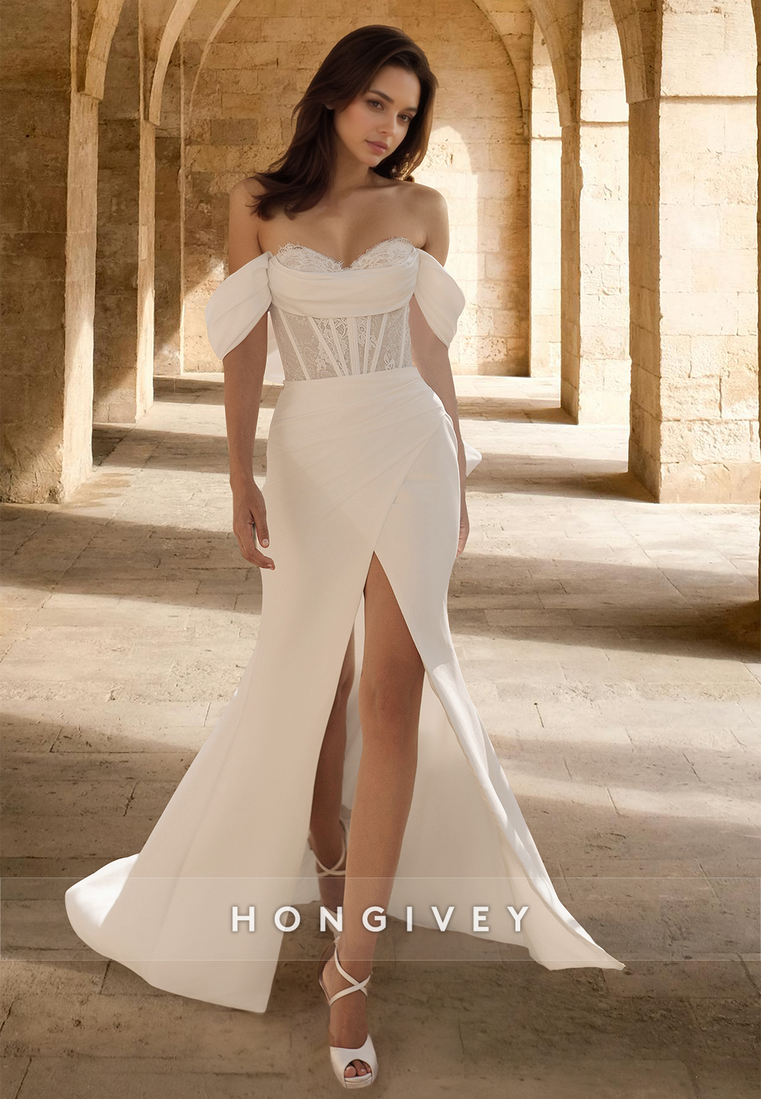 Applique Offshoulder Trumpet With Slit Satin Wedding Dress