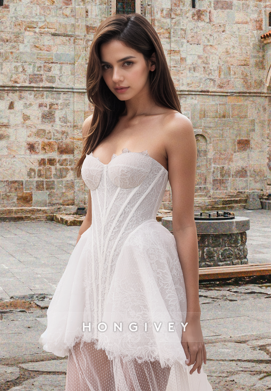 Sexy Short Strapless Aline Tulle Applique Engagement Wedding Dress