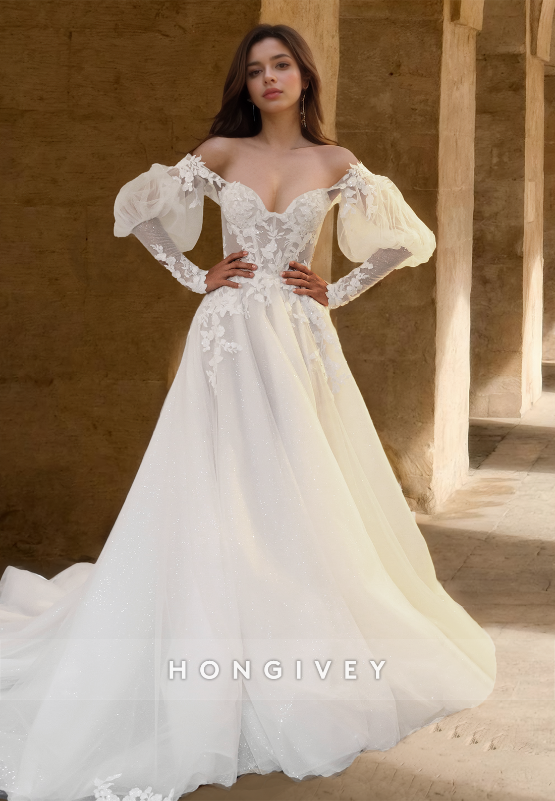 Chic Puff Sleeves Applique Aline Tulle Offshoulder Wedding Dress