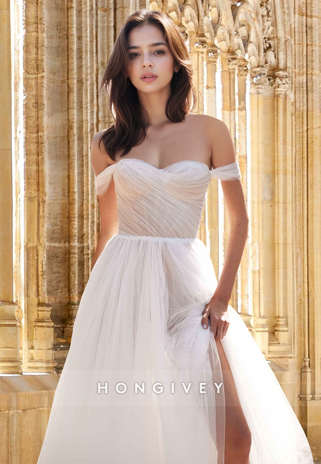 Sheer Tulle Offshoulder Aline Floorlength Simple Wedding Dress