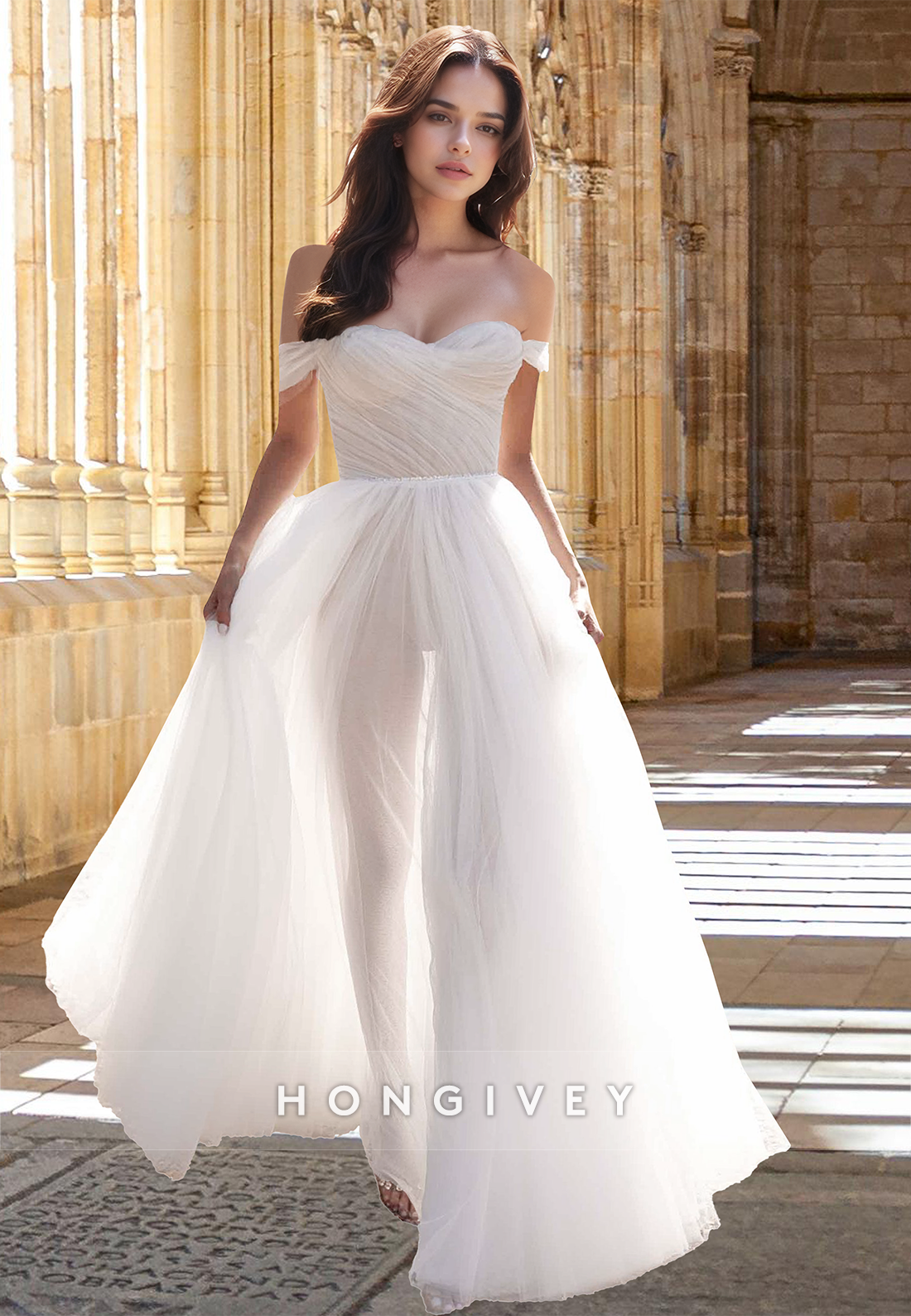 Sheer Tulle Offshoulder Aline Floorlength Simple Wedding Dress