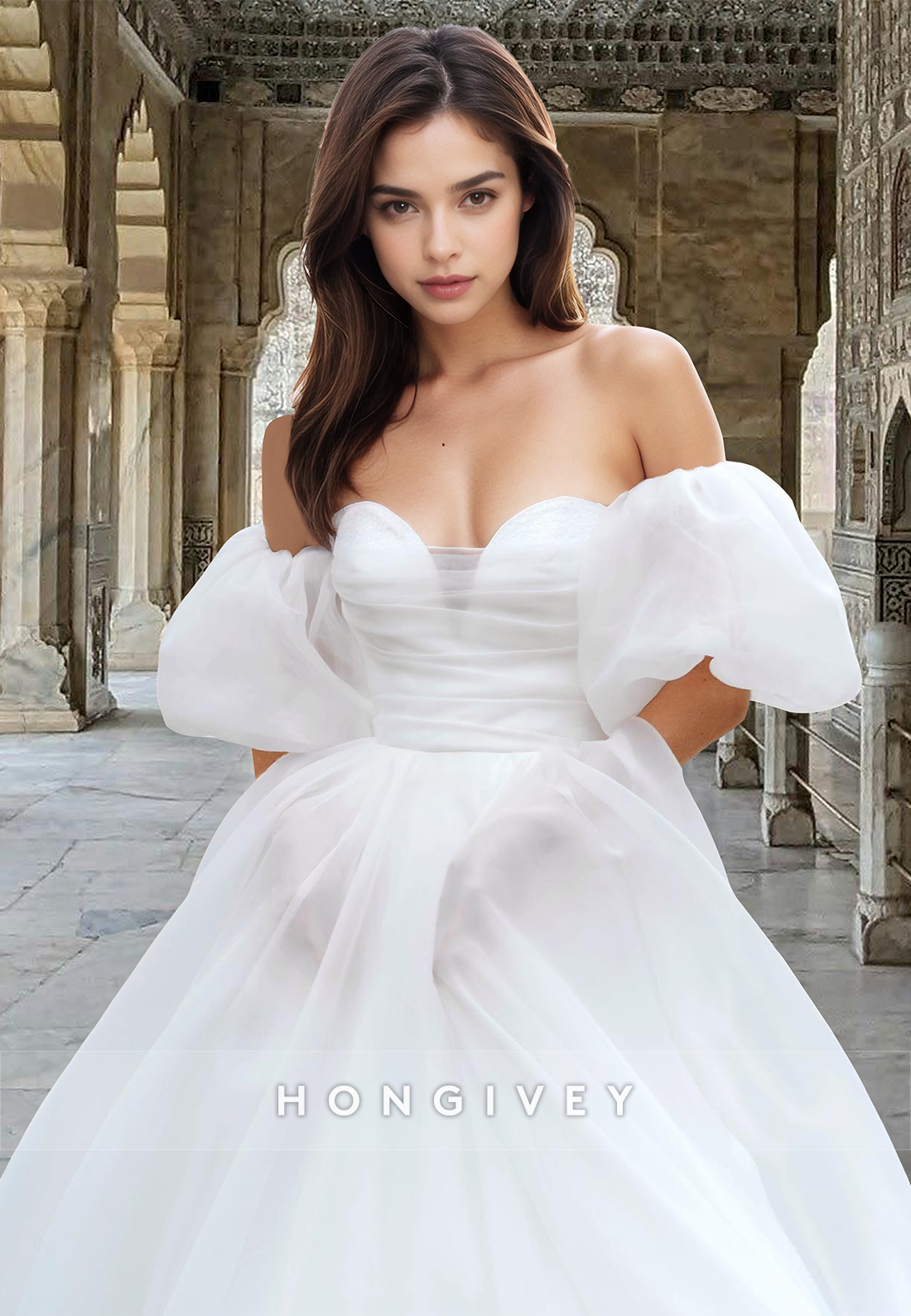 Sweetheart Puff Sleeves Ruched Tulle Aline Wedding Dress Bride Gown