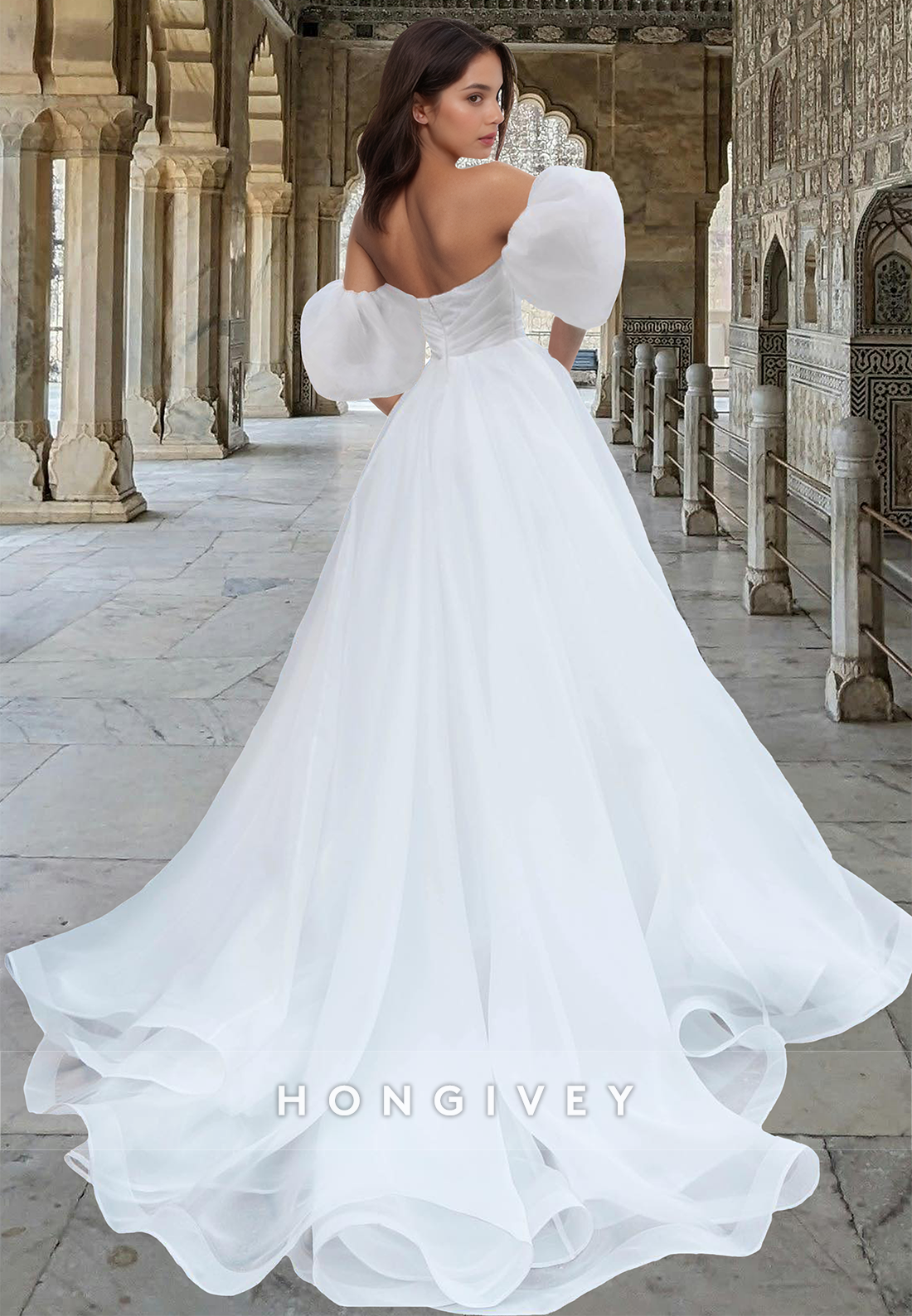 Sweetheart Puff Sleeves Ruched Tulle Aline Wedding Dress Bride Gown