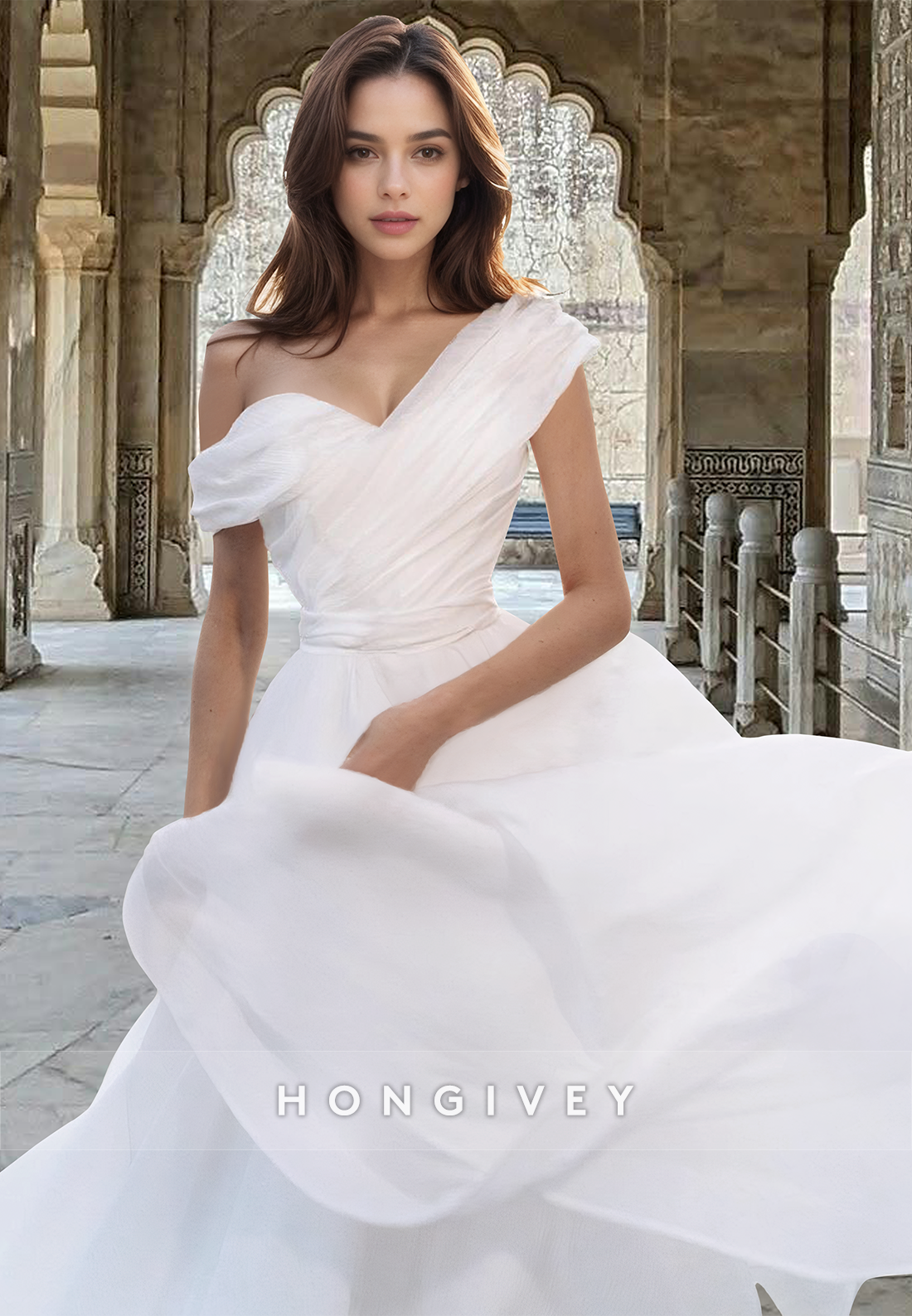 Chic Asymmetrical With Train Tulle Offshoulder Aline Wedding Dress Bride Gown