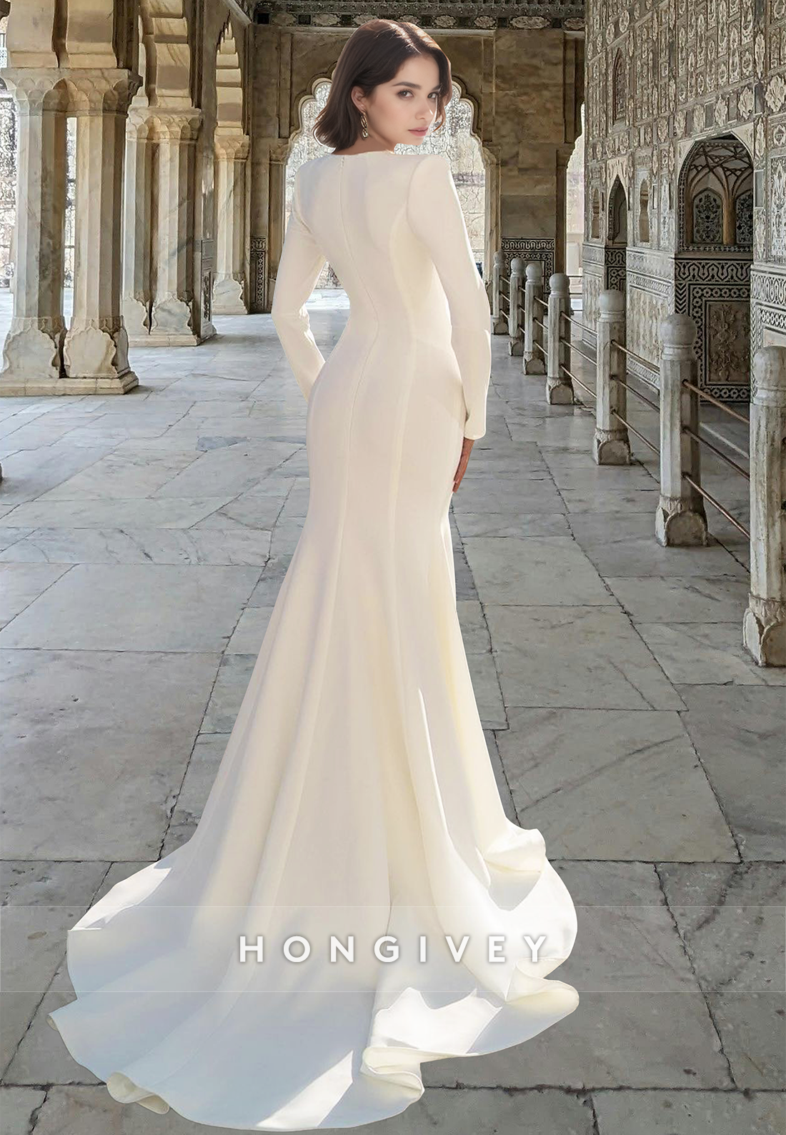 Sexy Beaded Deep Vneck Mermaid Long Sleeves Empire Satin Wedding Dress