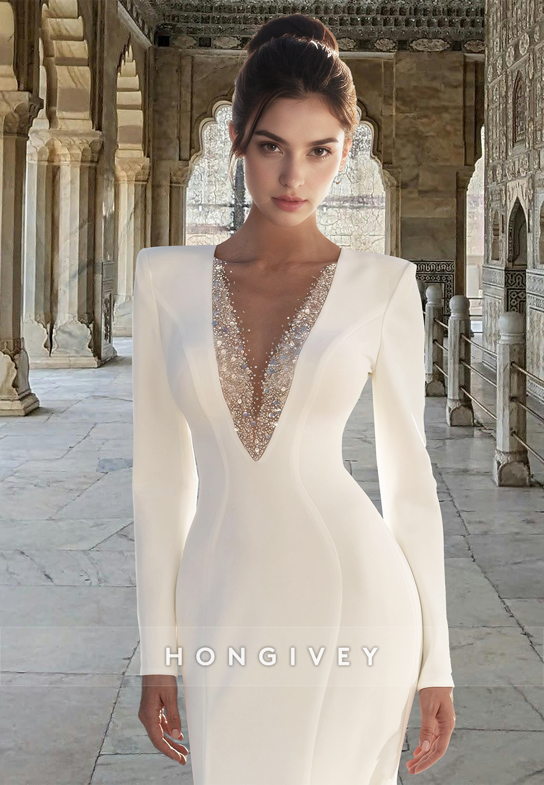 Sexy Beaded Deep Vneck Mermaid Long Sleeves Empire Satin Wedding Dress