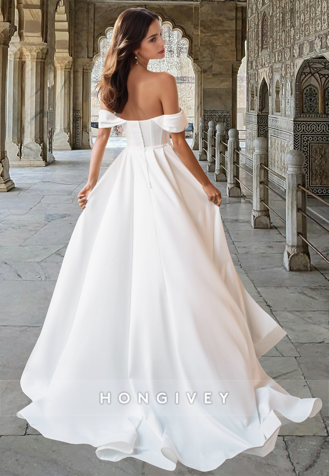 Sexy Ruched High Slit Wedding Dress Simple Satin Offshoulder With Train Bride Gown