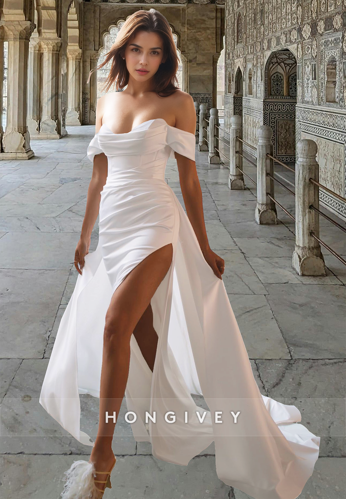 Sexy Ruched High Slit Wedding Dress Simple Satin Offshoulder With Train Bride Gown