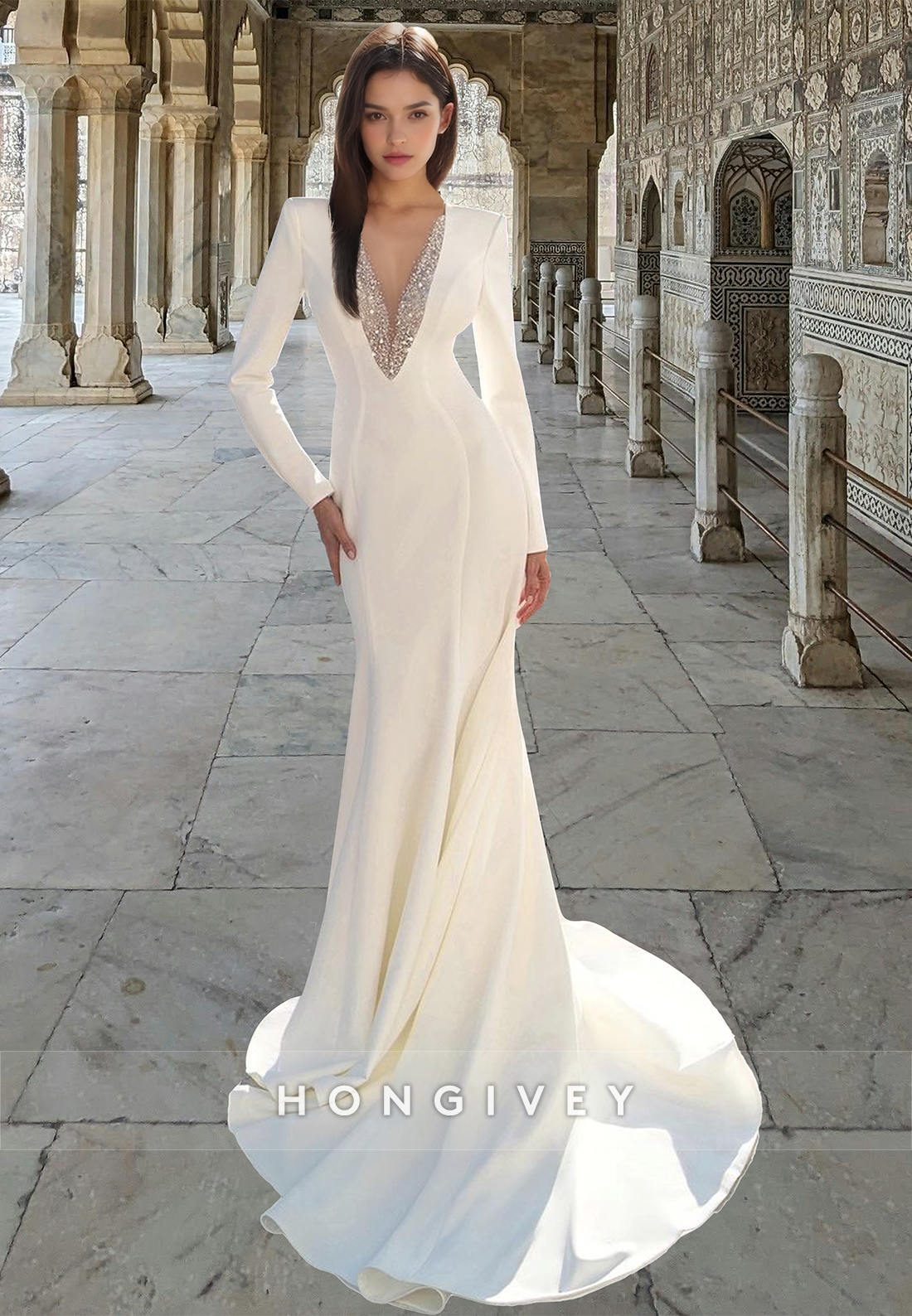 Sexy Beaded Deep Vneck Mermaid Long Sleeves Empire Satin Wedding Dress