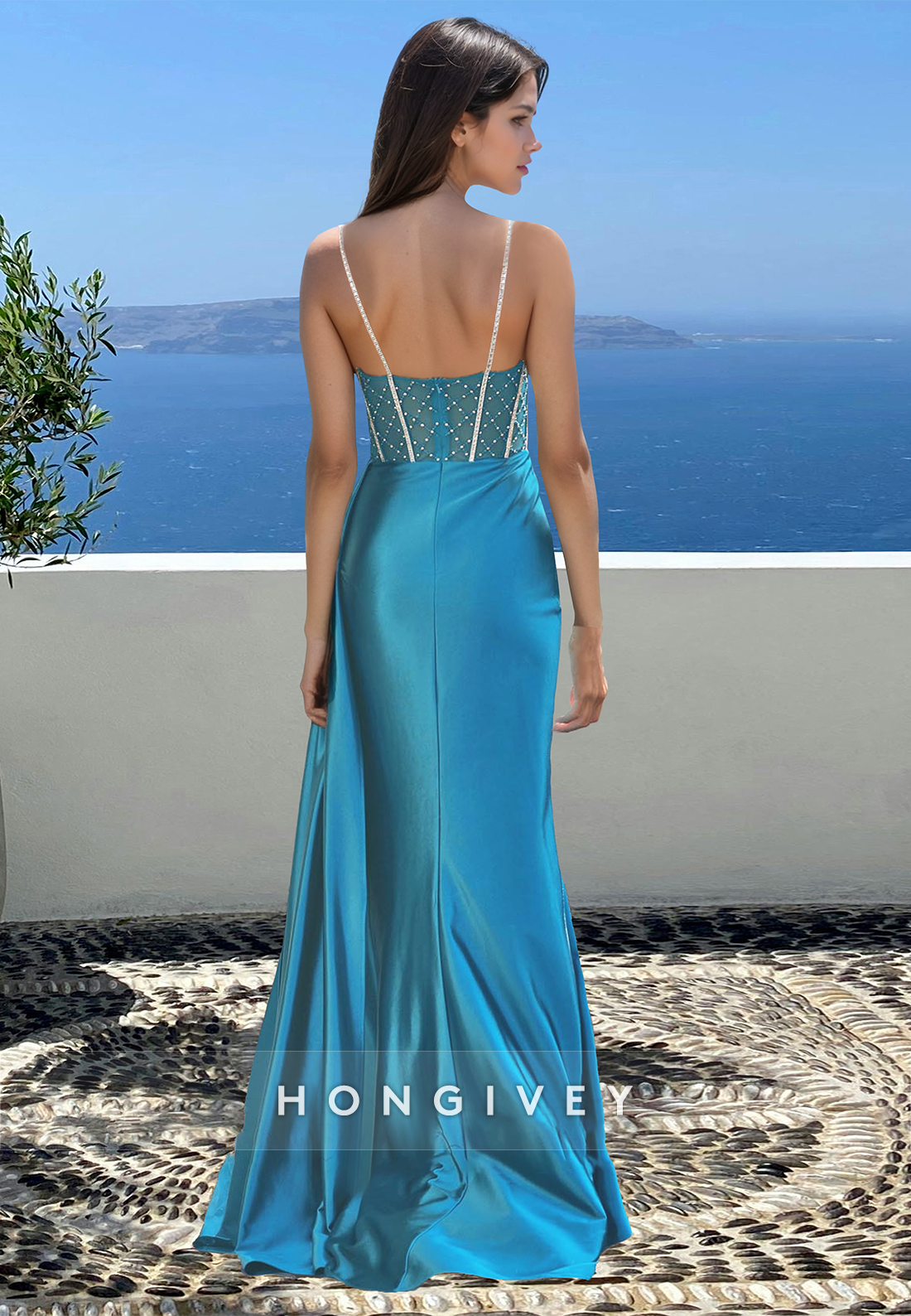 Beaded Sweetheart Spaghetti Straps Evening Dress Blue Applique Formal Party Gown