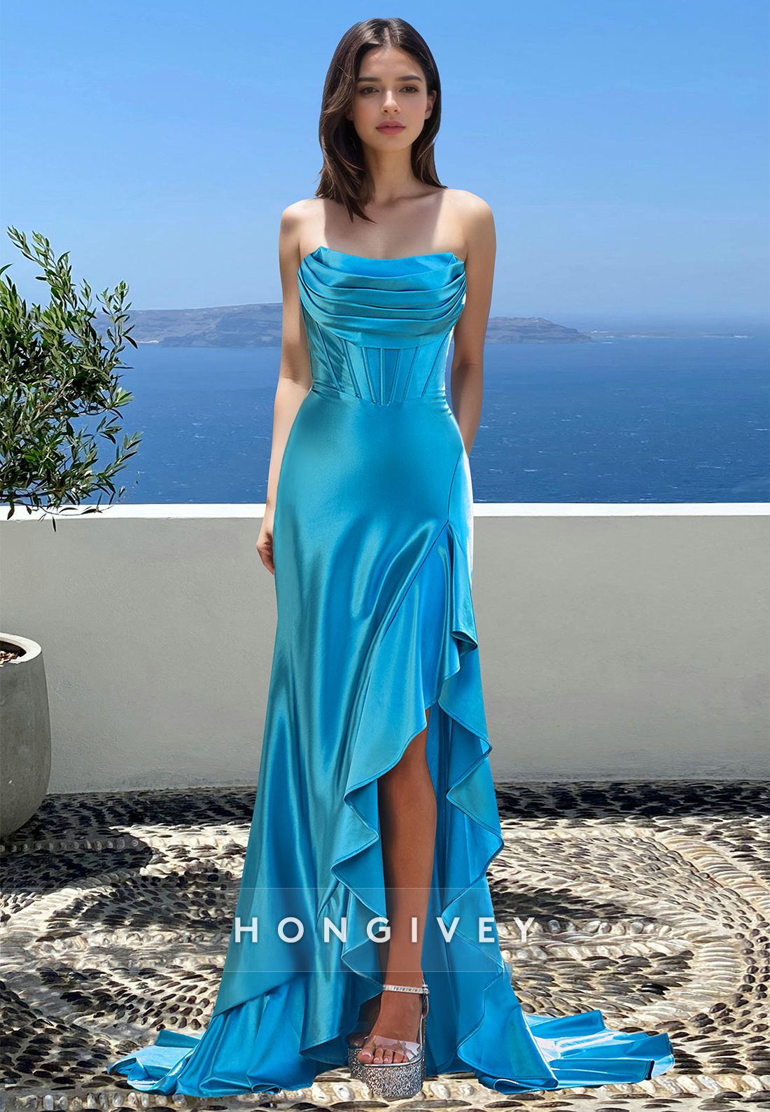 Ruffles High Low Strapless With Train Trumpet Evening Dress Formal Party Gown