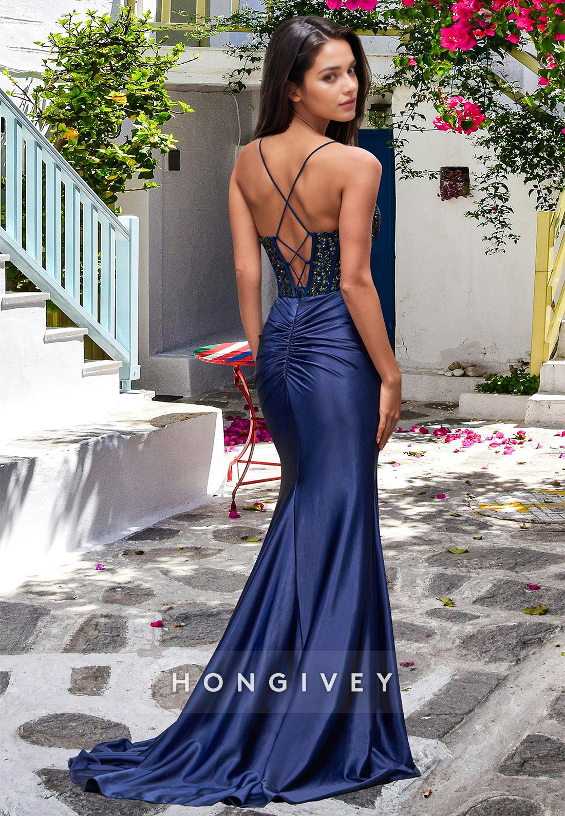 Sexy Applique Lace Up Trumpet With Slit Dark Navy Satin Evening Dress