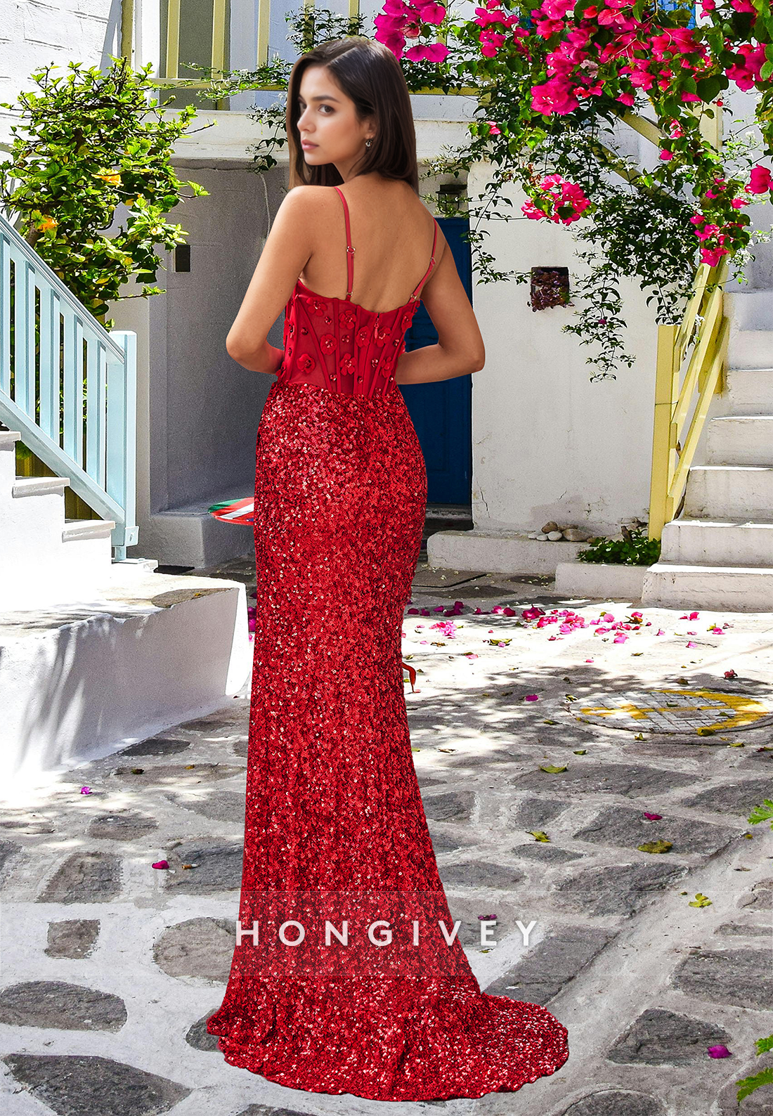 Sparkle Red Spaghetti Straps Applique Sequined With Slit Evening Dress