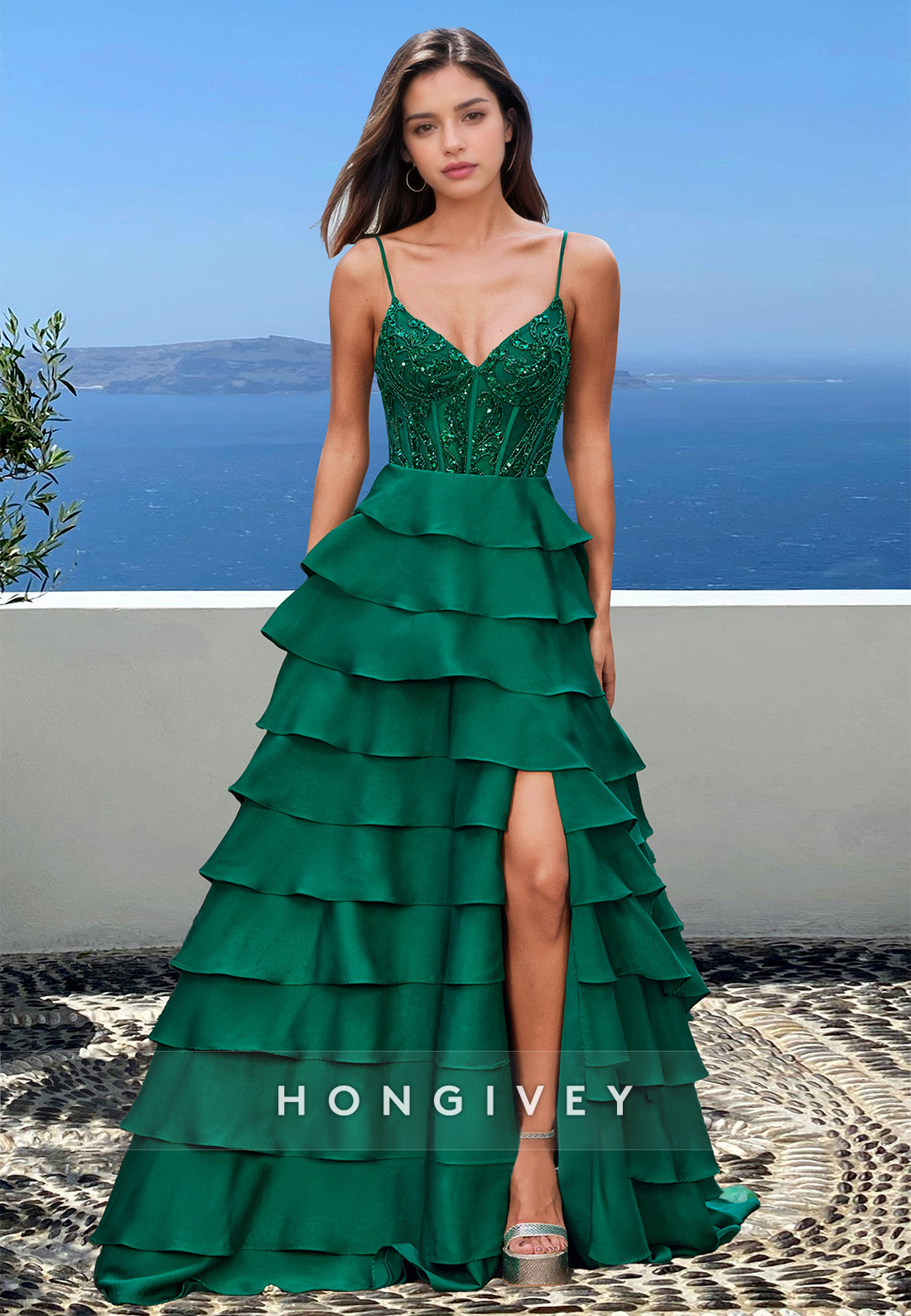 Tiered Green Spaghetti Straps Aline Quinceanera Homecoming Prom Ball Gown