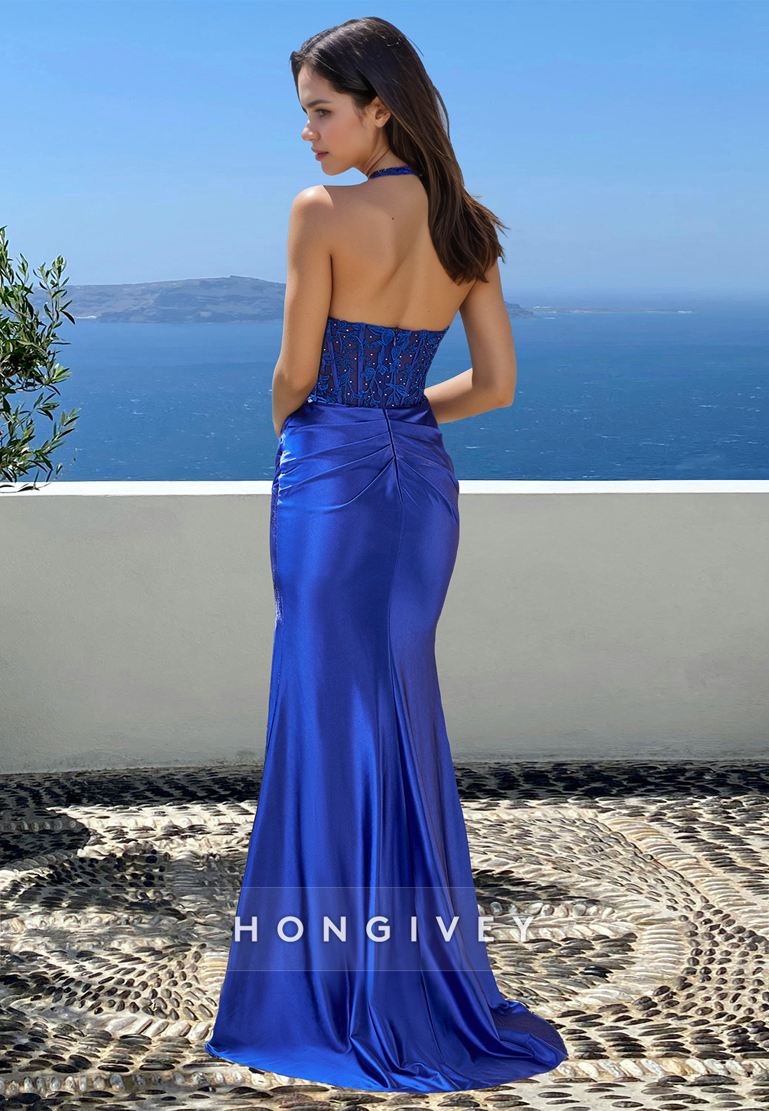 Sexy Blue Vneck Simple Applique Sleeveless Sheath Satin Formal Party Dress