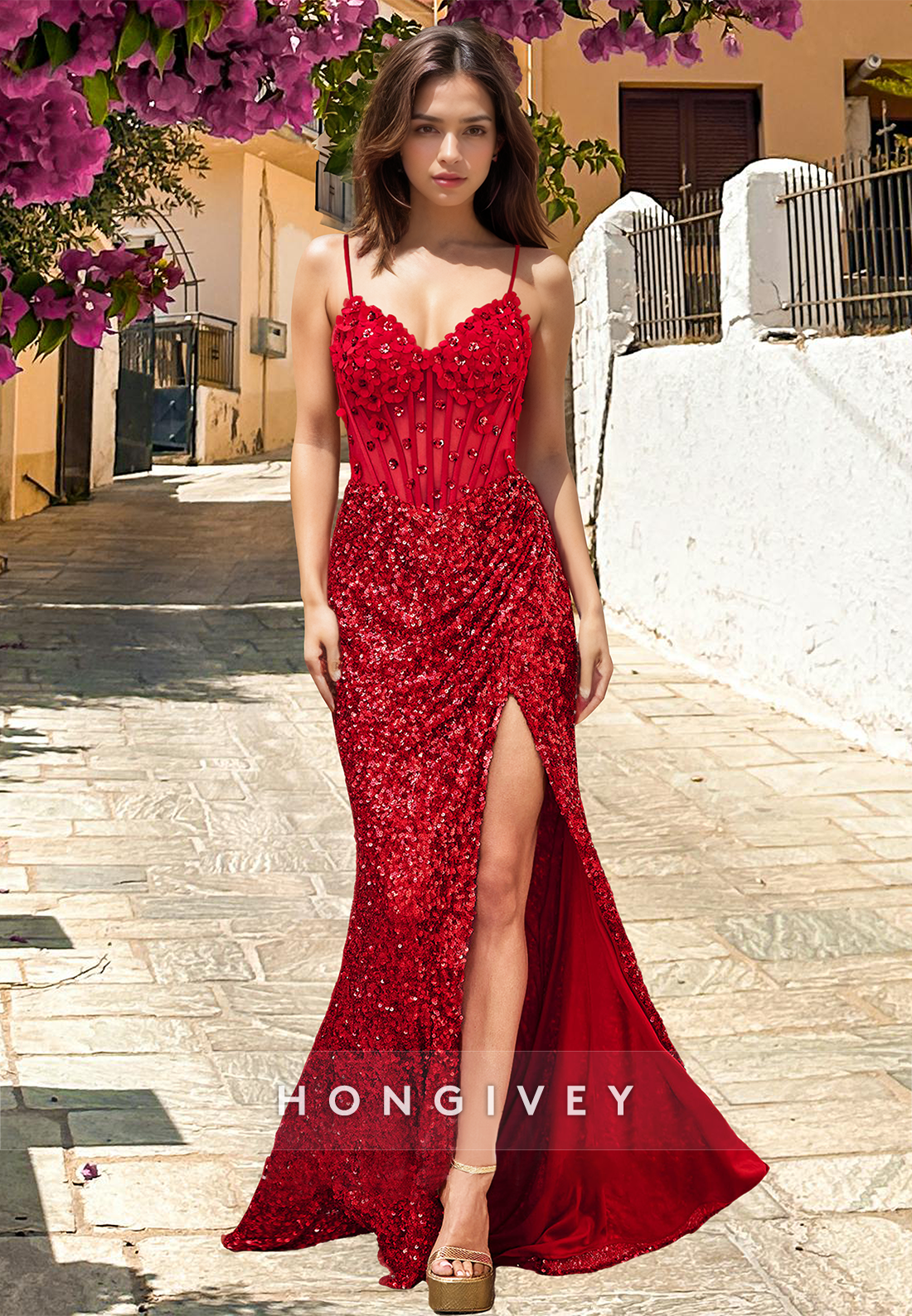 Sparkle Red Spaghetti Straps Applique Sequined With Slit Evening Dress