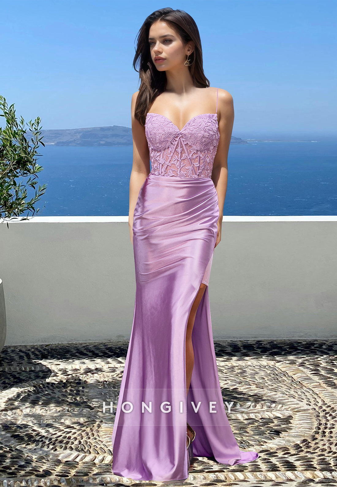 Classic Spaghetti Straps Applique Lilac Satin Sheath Formal Evening Dress